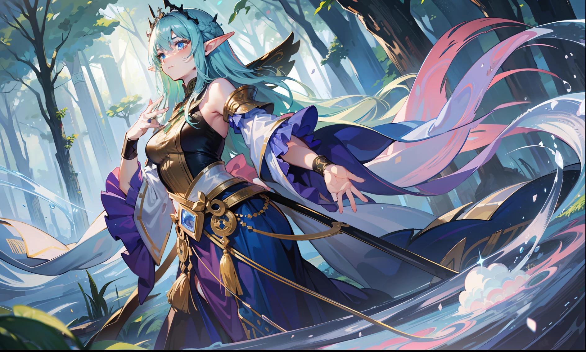 8k best quality masterpiece very detailed wallpapers, rain god, elf, queen, forest, tall tree, skin, waistband, whole body, fairy, ribbon, cloud