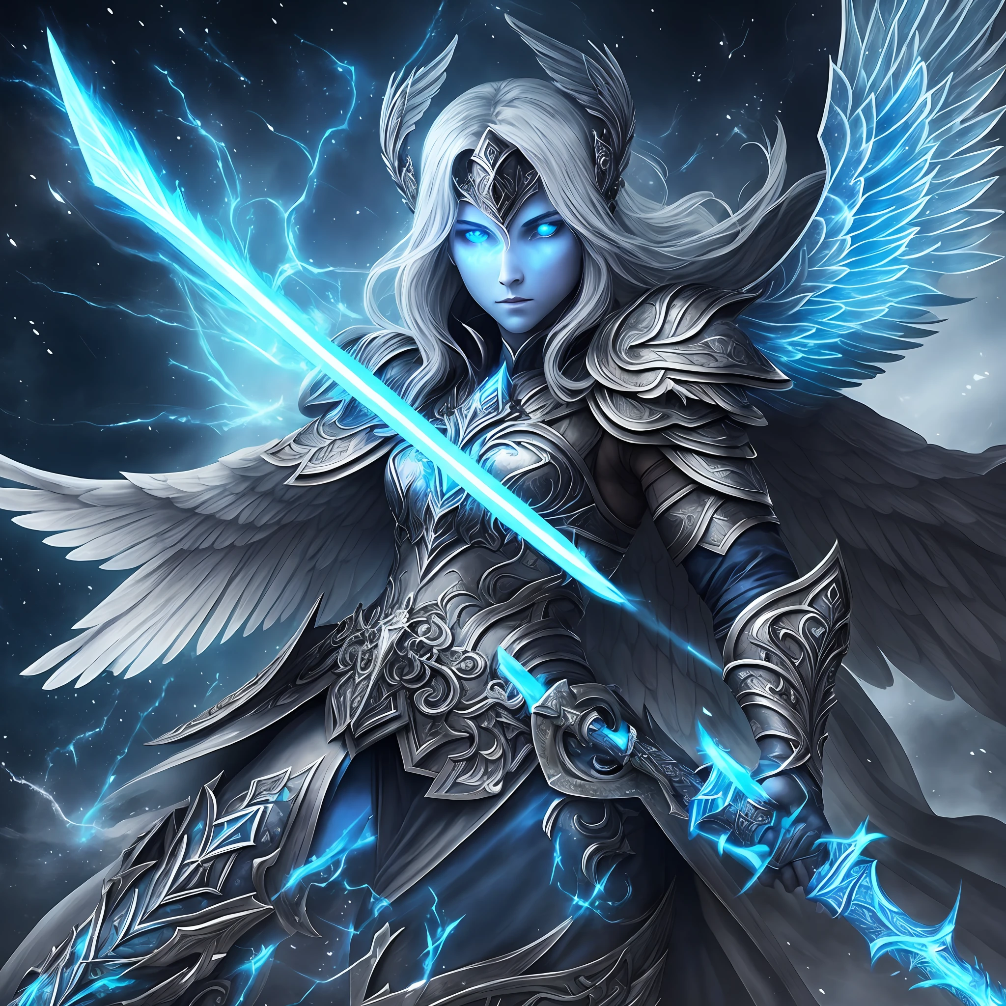 Warrior with dark armor and gray wings, enveloped in blue luminous rays, eyes glowing like fire, skin pale as that of a supernatural being, levitating above the ground, wielding a sword --auto --s2
