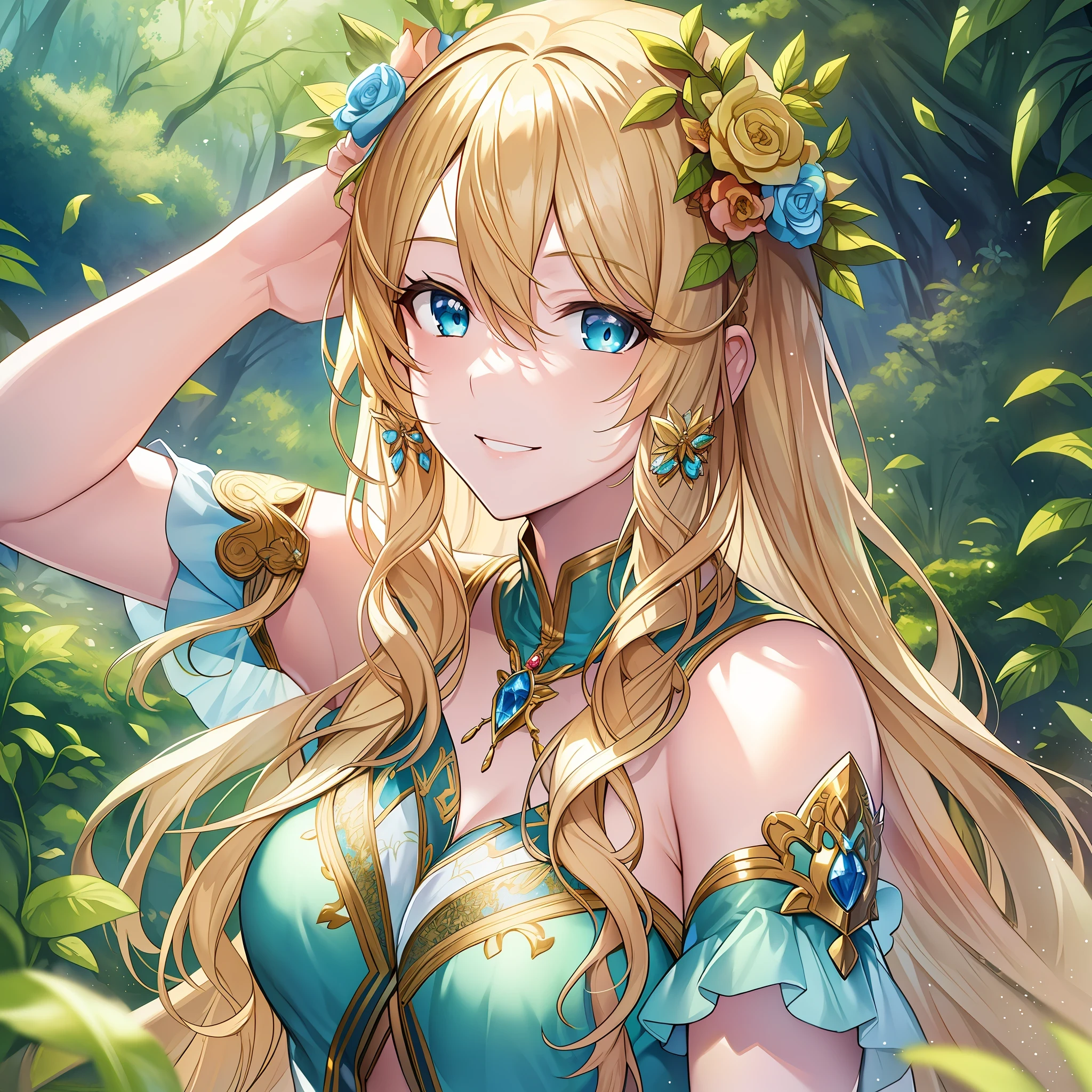 (Masterpiece) 8K resolution, fairy queen, titania, beauty frolicking with fairies, blonde long hair with floral decoration, hazel eyes, turquoise eyes, gentle smile, model style, fantasy style,