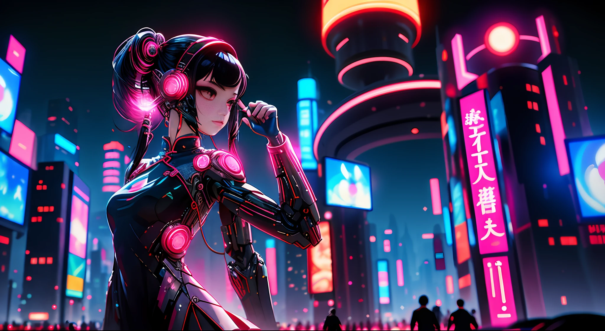 1 girl, solo, a woman, the most beautiful woman of mankind, cyberhan clothes, cheongsam, long sleeves, Chinese_clothes, with skirt, pink and black, cyberpunk city, dynamic pose, ponytail, long hair, glowing headphones, cyberpunk, high-tech city, full of mechanical and futuristic elements, futurism, technology, 9 heads of women, the head ratio is not too large, the head is smaller, the face is symmetrical from side to side, long straight hair, the face faces the camera, special effects light, floating, big moon, The city is crowded with many people, pink and black color matching, panorama, full body entry, character edge light, super complex details, super high resolution,