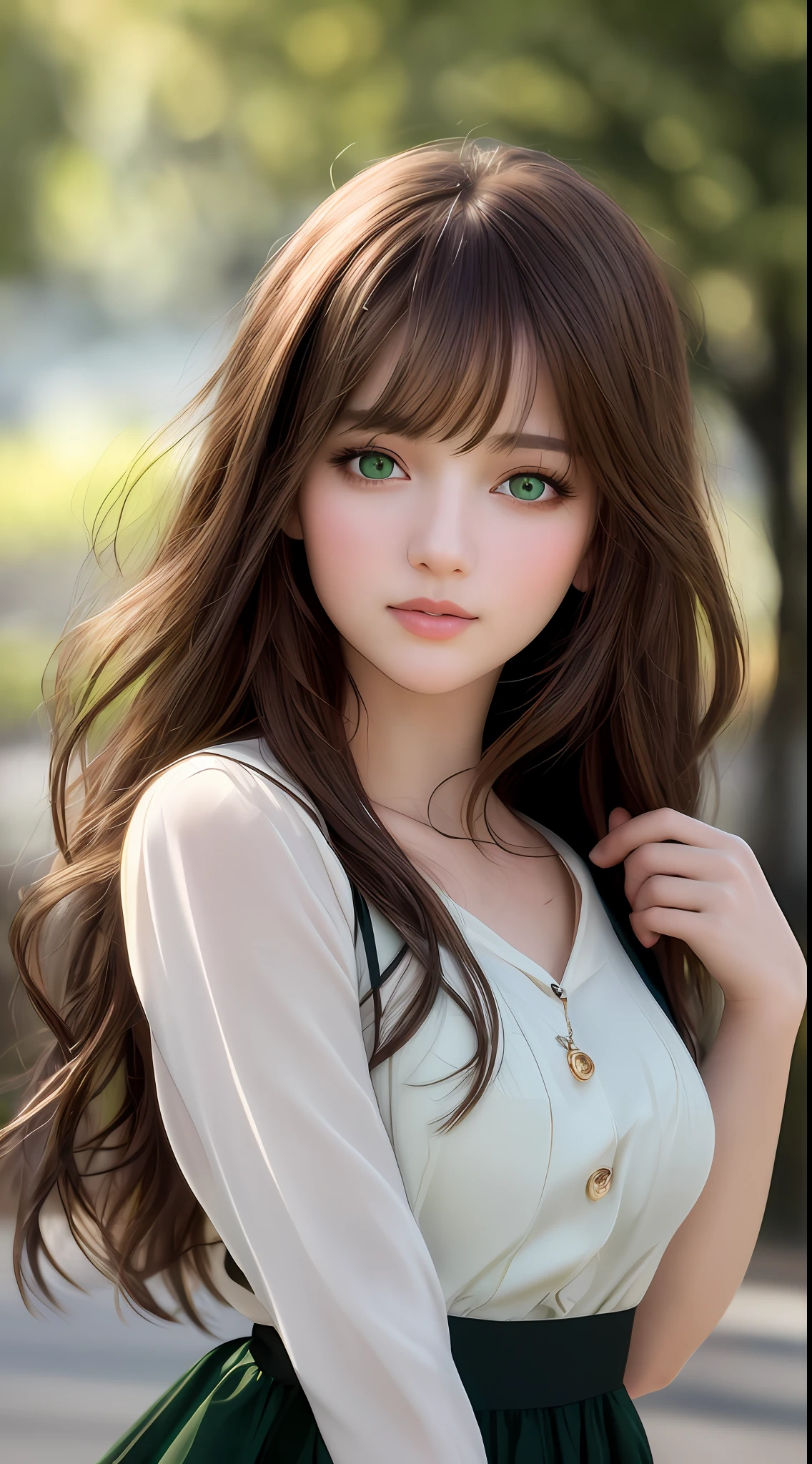 best quality, masterpiece, 1girl, Beautiful face, (green eyes), (brown hair), (photo realistic:1.3), rim lighting, (high detailed skin:1.2), 8k uhd, dslr, high quality, high resolution, 4k, 8k, Bokeh, absurdres, best ratio four finger and one thumb, (realistic:1.2), ulzzang, cute kawaii 1girl,
