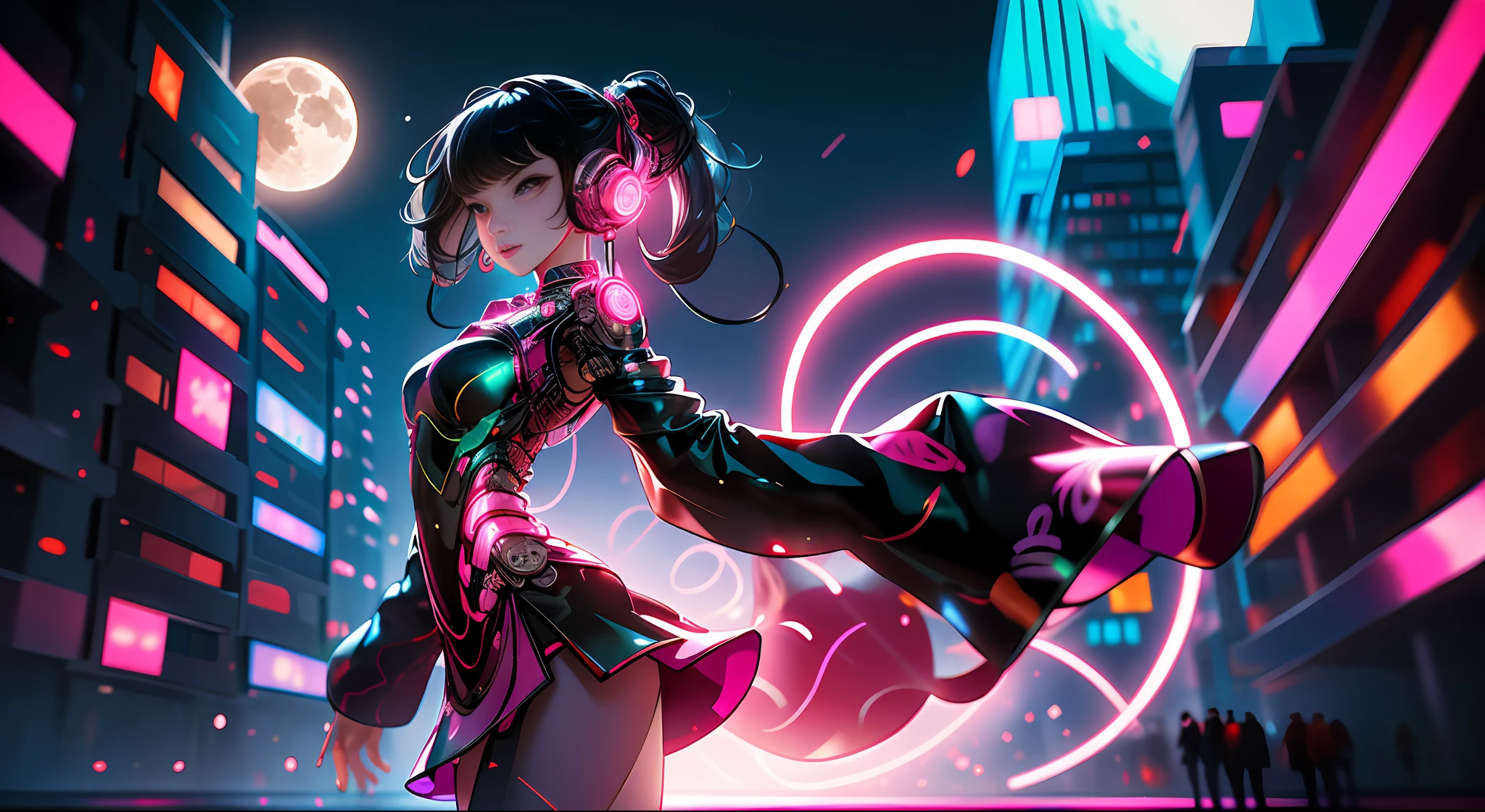 1 girl, solo, a woman, the most beautiful woman of mankind, cyberhan clothes, cheongsam, long sleeves, Chinese_clothes, with skirt, pink and black, cyberpunk city, dynamic pose, ponytail, long hair, glowing headphones, cyberpunk, high-tech city, full of mechanical and futuristic elements, futurism, technology, 9 heads of women, the head ratio is not too large, the head is smaller, the face is symmetrical from side to side, long straight hair, the face faces the camera, special effects light, floating, big moon, The city is crowded with many people, pink and black color matching, panorama, full body entry, character edge light, super complex details, super high resolution,