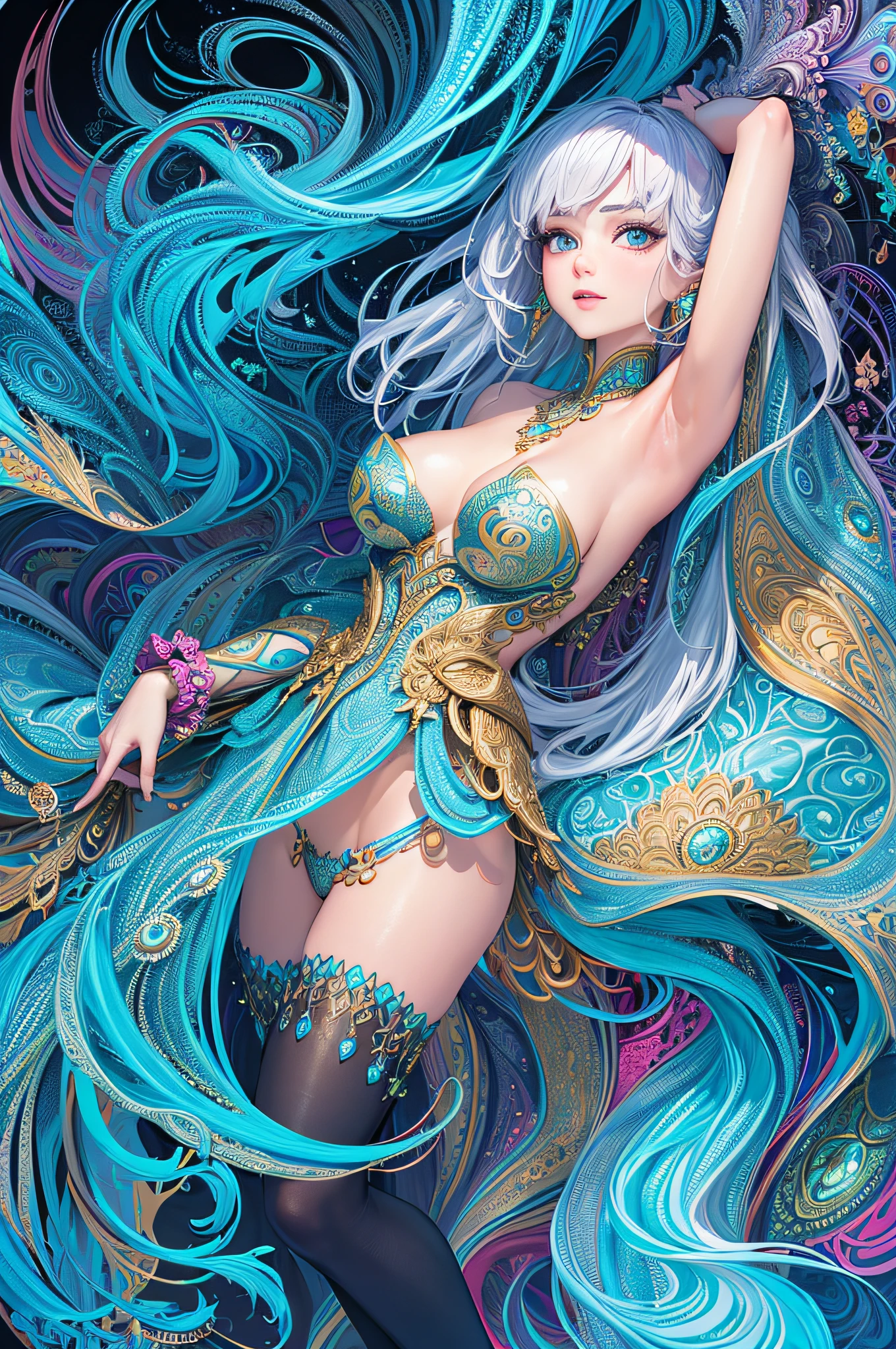 (masterpiece, top quality, best quality, official art, beautiful and aesthetic:1.2), (1girl:1.3), extremely detailed,(fractal art:1.2),colorful,highest detailed,(zentangle:1.2), (dynamic pose), (abstract background:1.5), (treditional dress:1.2), (shiny skin), (many colors:1.4), upper body, sheer gauze, off-the-shoulder, blooming flower field, glowing skin, light smile, camel toe, sexy, bust, nudity,from below,ass up wait