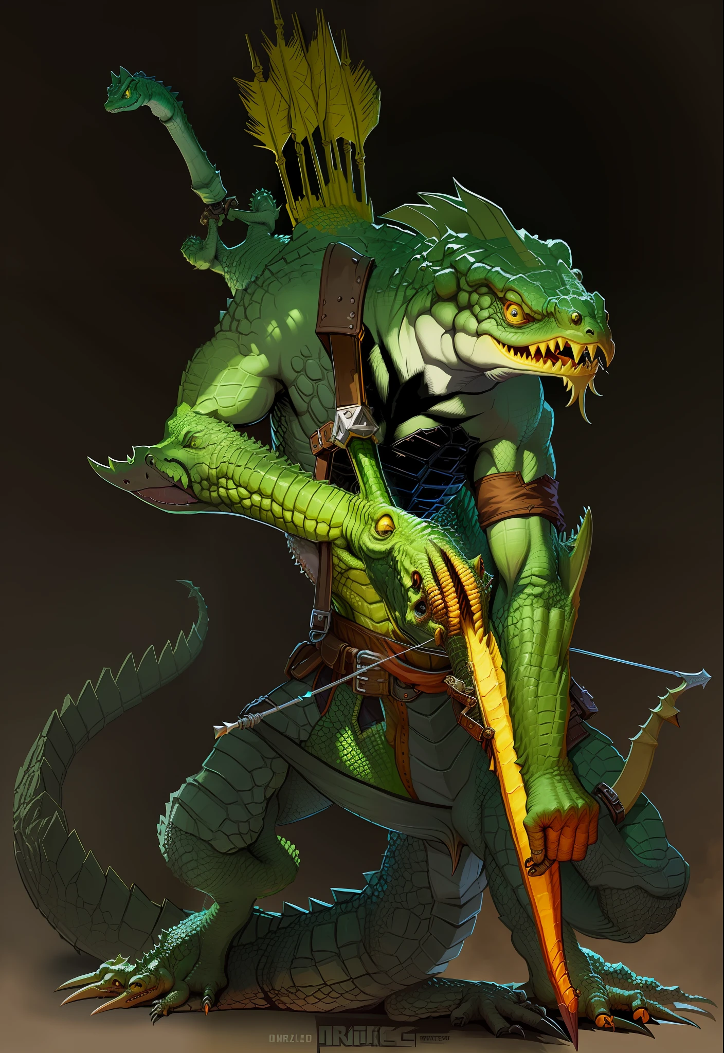 Crocodile, monster, game character, game original art, illustration, lizard, scale, bow and arrow, World of Warcraft illustration style