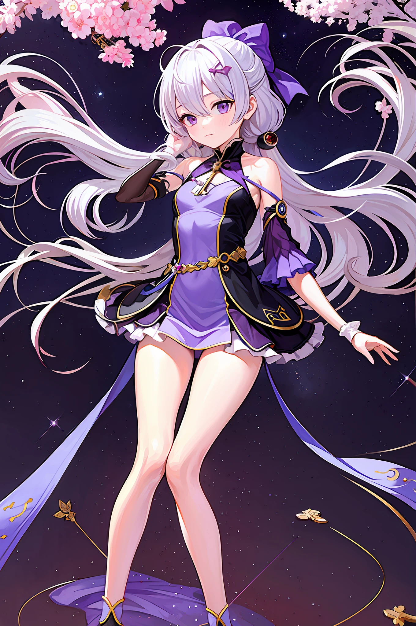 1 girl with a bow on a white leg ring, anime - woman in purple dress, anime manga by Kamagurka, pixiv, rococo, white-haired god, rem rezero, official artwork, detailed key anime art, beautiful anime artwork, detailed anime art, high detail official artwork, beautiful anime art, detailed digital anime art, best anime 4k konahan wallpaper, long hair, curly hair, princess council dress, galaxy, seven-headed body, White leg ring, finger detail, anime wallpaper, purple starry sky background behind, small breasts, clear focus, depth of field, super fine fingers, fair arms
