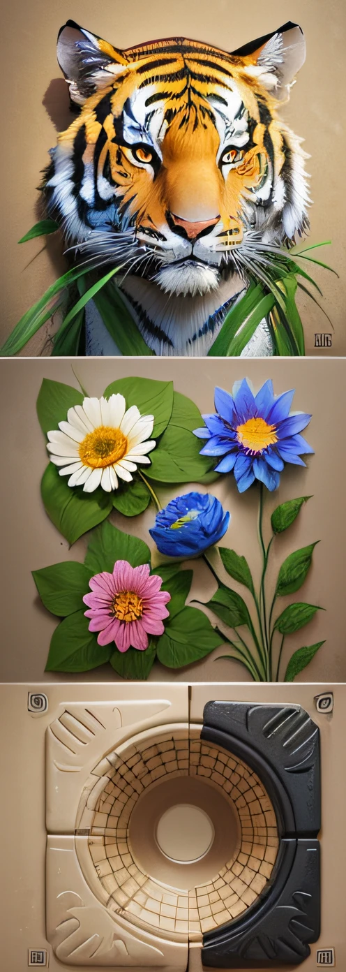 3D flower patterns, --ar 3:2, --tile , equirectangular 360, Highres, (art by Willi Baumeister: 1.1), (art by John T. Biggers: 1.2)::17 , official art, continuous paper 8k unit, ultra detailed, aesthetic, masterpiece, best quality, photorealistic, ((only front face)) Tiger in the Middle , Flowers Behind --auto --s2