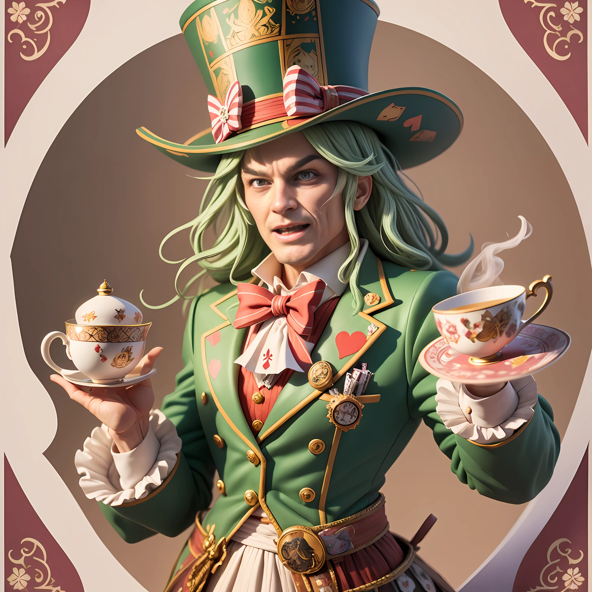 Produce an amusing image of a character inspired by the Mad Hatter, wearing a jacket adorned with playing cards and a hat with a teacup perched precariously on top, detailed fingers, detailed hands, detailed digits, highly detailed