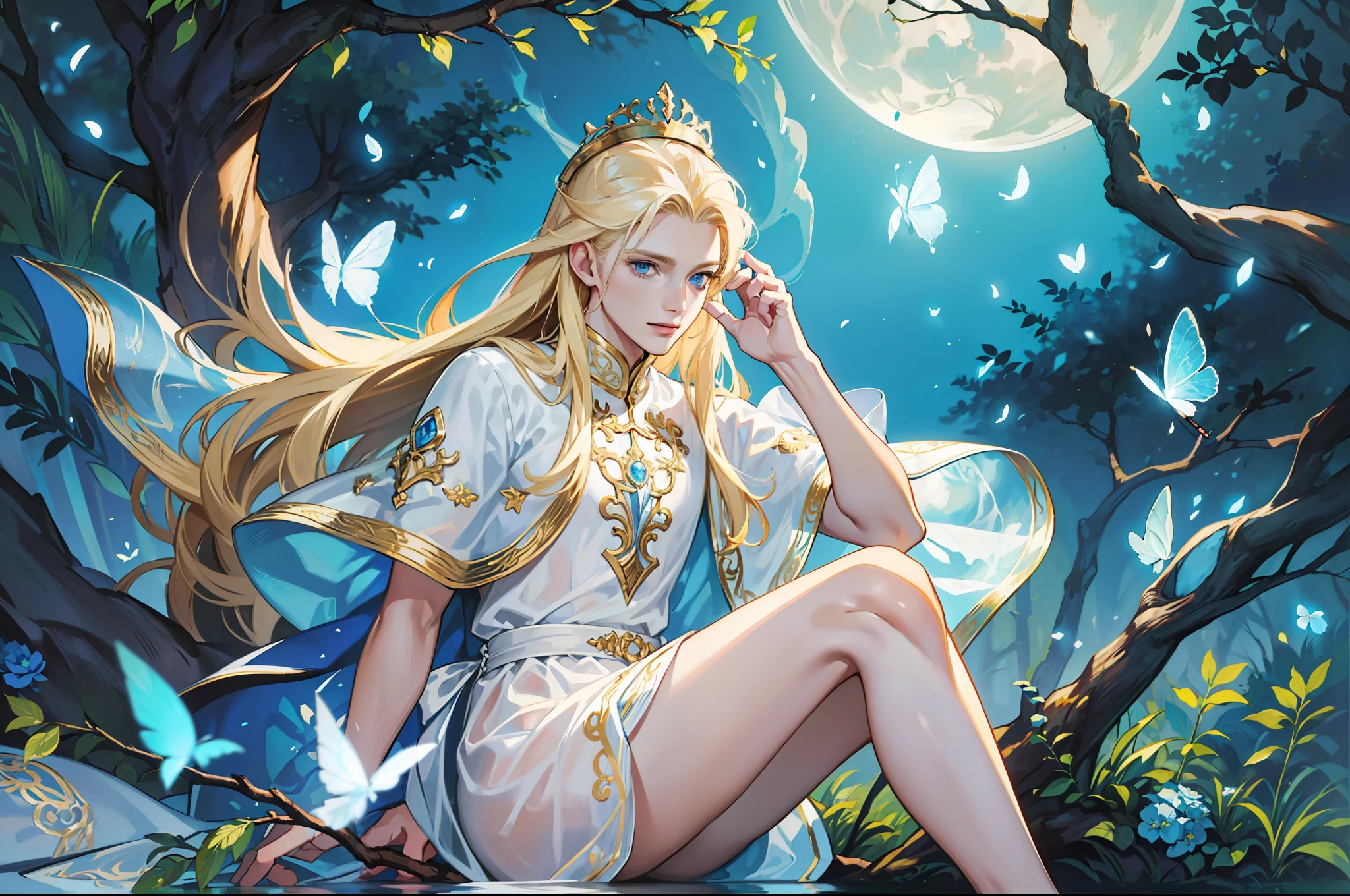 ((Superior quality, portraits, masterpieces, wallpapers 8K: 1.3)), man with long straight ash blond hair (((LONG BLOND HAIR))), blue eyes like diamonds (((BLUE EYES))), ((((CHEERFUL LOOK))) sitting on a branch of a tree mueto, bioluminescent blue butterflies, dark hour, perfect shadows and reflections of the moon on the scene. white tunic, translucent, covered, clear clothing of God, CLOTHING COVERING HIS SKIN, TULLE TUNIC