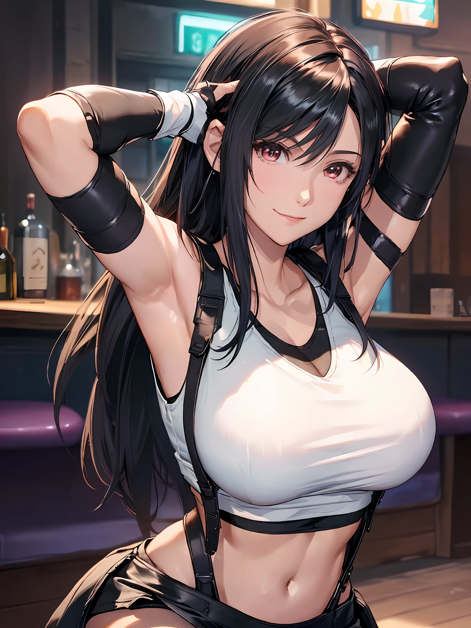 8k,masterpiece, bset quality,big, (1 girl), tifa lockhart, red_eyes, black hair, long hair, shiny skin, shiny big, ((best quality)), crisp focus: 1.2, highly detailed face and skin texture, detailed eyes, perfect face, perfect body, art, cg, blur background, big with presence, (20yo, Mature cool and beautiful face), wearing ((suspender black skirt), black elbow gloves, white taut shirt, thigh, white tank top, navel, jukebox, old bar, upper body, smile,