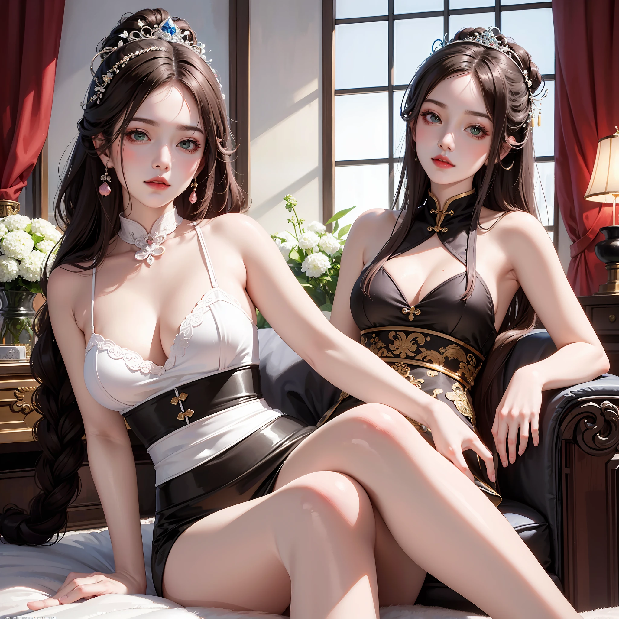 Masterpiece: The Best Night Full Moon 1 Female Mature Chinese Style Ancient Chinese Sister Royal Sister Smile Brown Hair Princess Cut Single Twist Braid Double Pill Head Light Pink Lips, Calm, Intellectual, Medium Hair, Green Eyes, Hairpin, Hydrangea,
