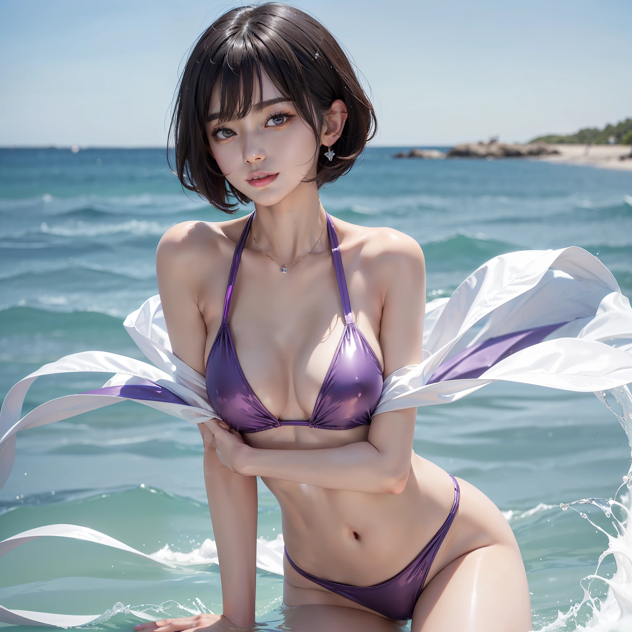 Ultra high definition, top quality, beautiful woman, very sexy body, big breasts looking directly at the camera, sexy expression, chest between arms to create cleavage, chest closer, beautiful collarbone, beautiful belly button, coquettish smile, happy smile, gloss, big eyes, highlights in pupils, clear double eyelids, eyelashes, long neck, beautiful collarbone, beautiful short hair, Glossy dark black hair, bangs, pure white and empty background, ears out, light purple swimsuit, attractive colorful swimsuit, small swimsuit, invisible swimsuit, sun oil on skin, gloss on lips, overwhelming charm, overwhelming transparency, transparent charm, light purple designed swimsuit, long neck, gloss on mouth, oil on skin, ears out