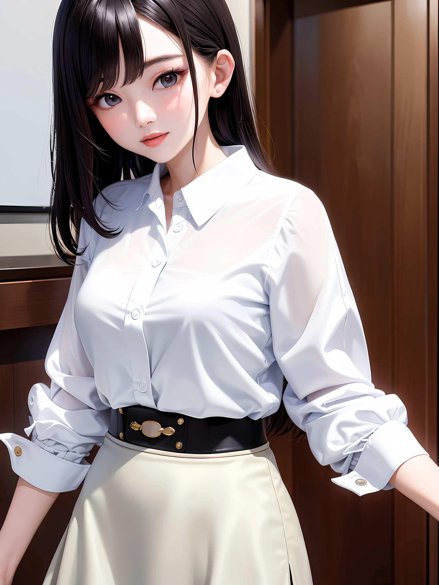 a close up of a woman in a skirt and shirt, japanese model, korean women's fashion model, wearing white shirt, wearing a blouse, mid shot portrait, clothed in white shirt, 奈良美智, cute young woman, dilraba dilmurat, beautiful asian girl, gorgeous young korean woman, closeup portrait shot
