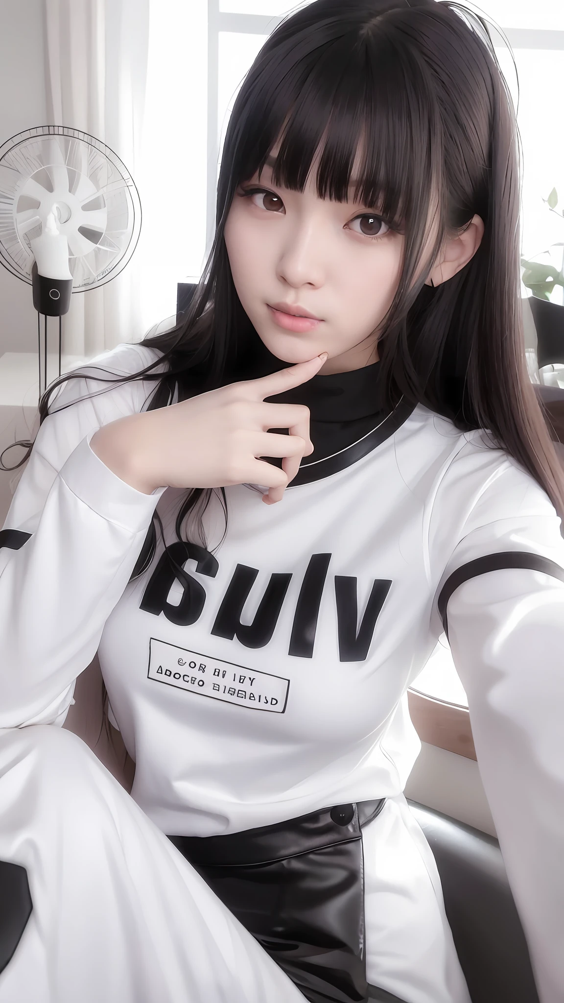 arafed asian woman with long black hair wearing a white shirt, reluvy5213, vivy, ruan cute vtuber, very low quality, very very low quality, ulzzang, smooth white tight clothes suit, 2263539546], dilraba dilmurat, girl cute-fine-face