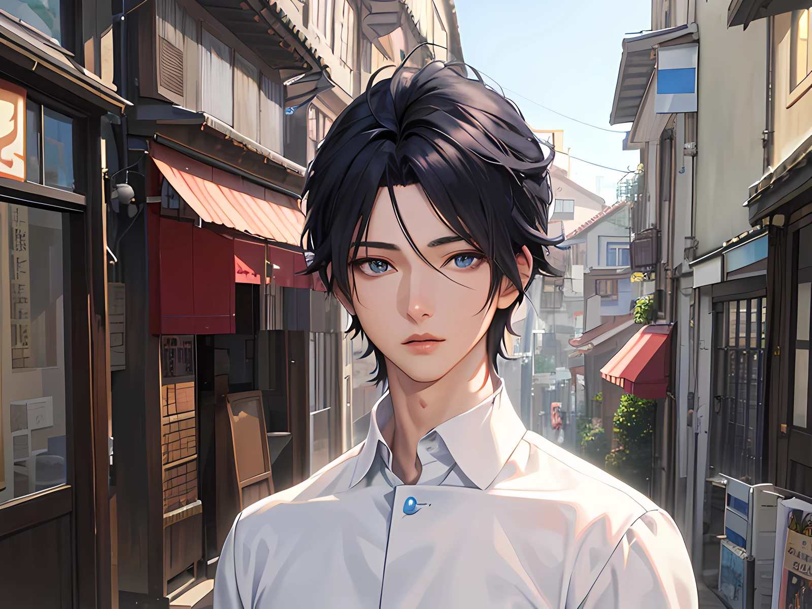 anime character in a white shirt standing in a narrow street, anime handsome man, young anime man, realistic anime 3 d style, male anime style, tall anime guy with blue eyes, male anime character, anime portrait of a handsome man, in an anime style, semirealistic anime style, smooth anime cg art, anime realism style, handsome anime pose, in anime style