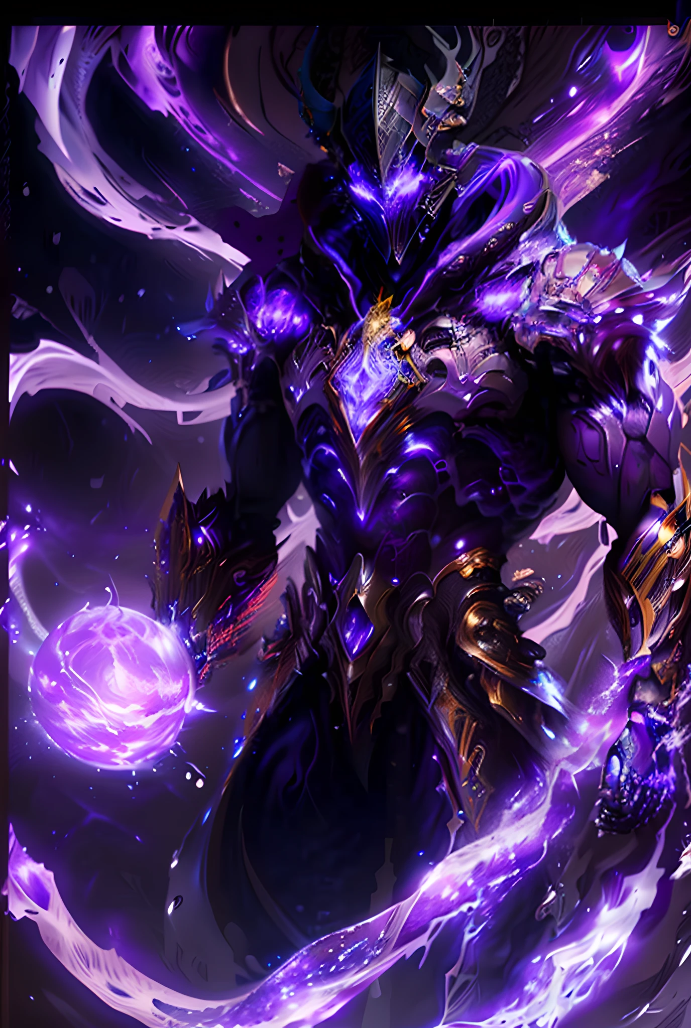 A photo of a man in a purple robe and purple ball, purple glowing core in armor, the feeling of the classical Holy Spirit, League of Legends characters, League of Legends nocturne, popular on ArtStation. League of Legends Arcane, Splash Art, Aurelion Sol, Elven Man Male Demon, League of Legends style, inspired by Huang Shen, extremely detailed art germ ، الألوان الصويا ظجواني احمر اسود ازرق, (Extreme Detail, Top Quality, 8K Art, Masterpiece, Ultra Detail, Extreme Clarity) Detail Optimization, Overall Details Clear and Complete: