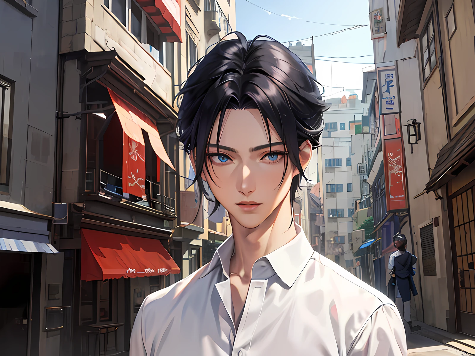 anime character in a white shirt standing in a narrow street, anime handsome man, young anime man, realistic anime 3 d style, male anime style, tall anime guy with blue eyes, male anime character, anime portrait of a handsome man, in an anime style, semirealistic anime style, smooth anime cg art, anime realism style, handsome anime pose, in anime style