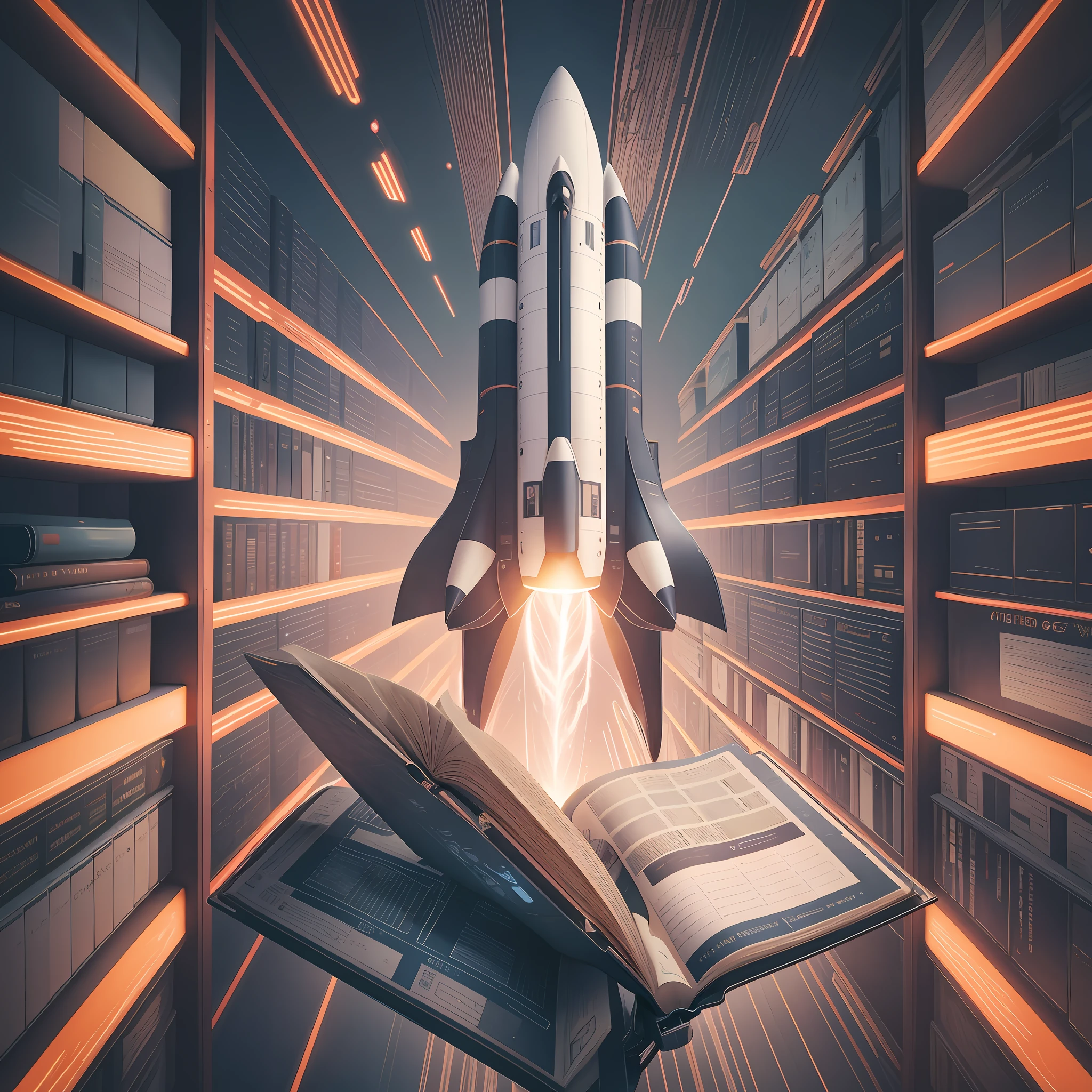 spaceship flying over a book in a library with bookshelves, borne space library artwork, infinite library, infinite celestial library, best on adobe stock, library background, books flying around, flying books, book library studying, dusty library, shutterstock, with book of science, photo render, reading engineering book, high quality screenshot, vast library, launching to space