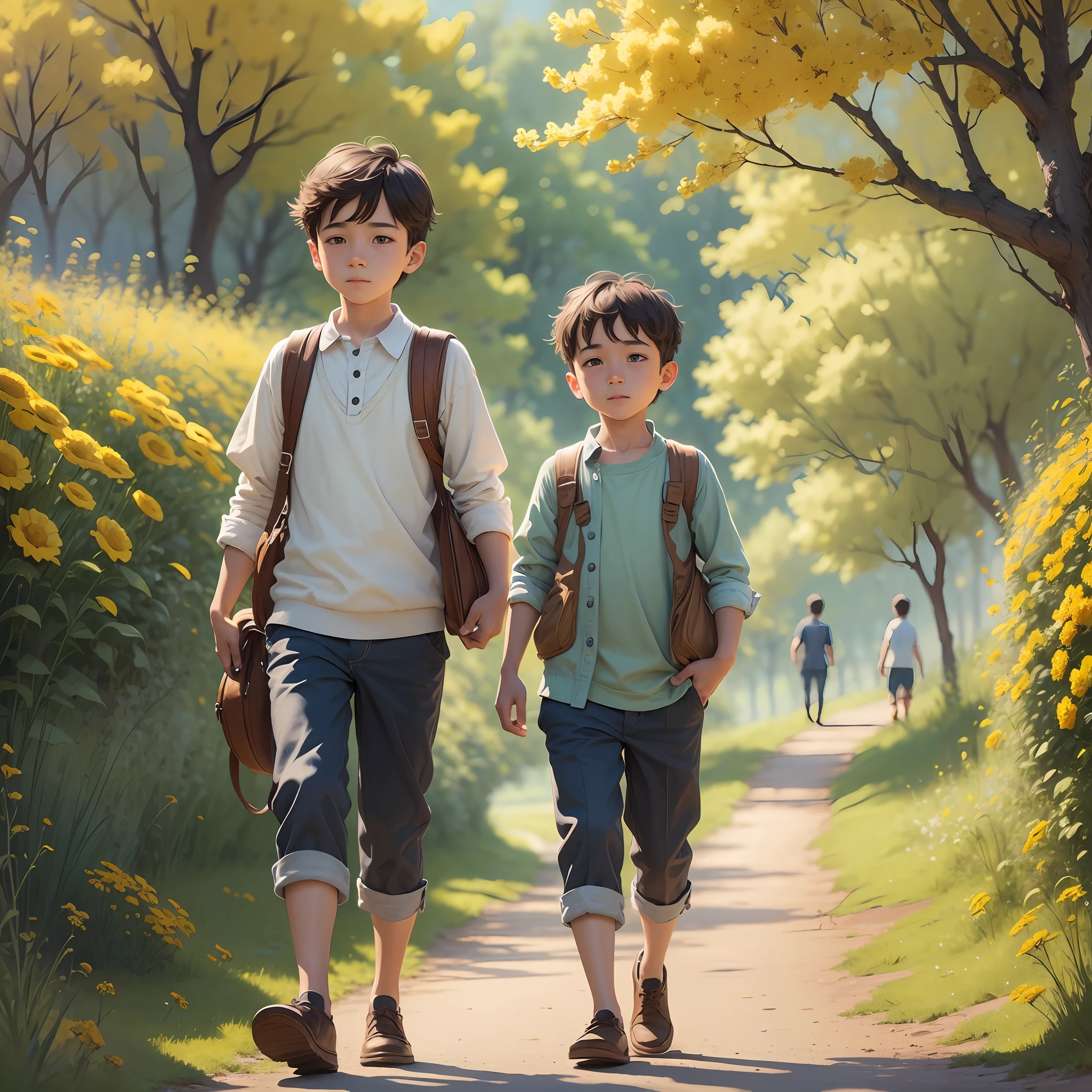 An incredibly charming boy carrying, accompanied by his lovely little friend, enjoying a lovely spring walk surrounded by beautiful yellow flowers and natural landscapes. The illustration is in high definition in 4k resolution, with highly detailed facial features and cartoon-style visuals. --auto --s2