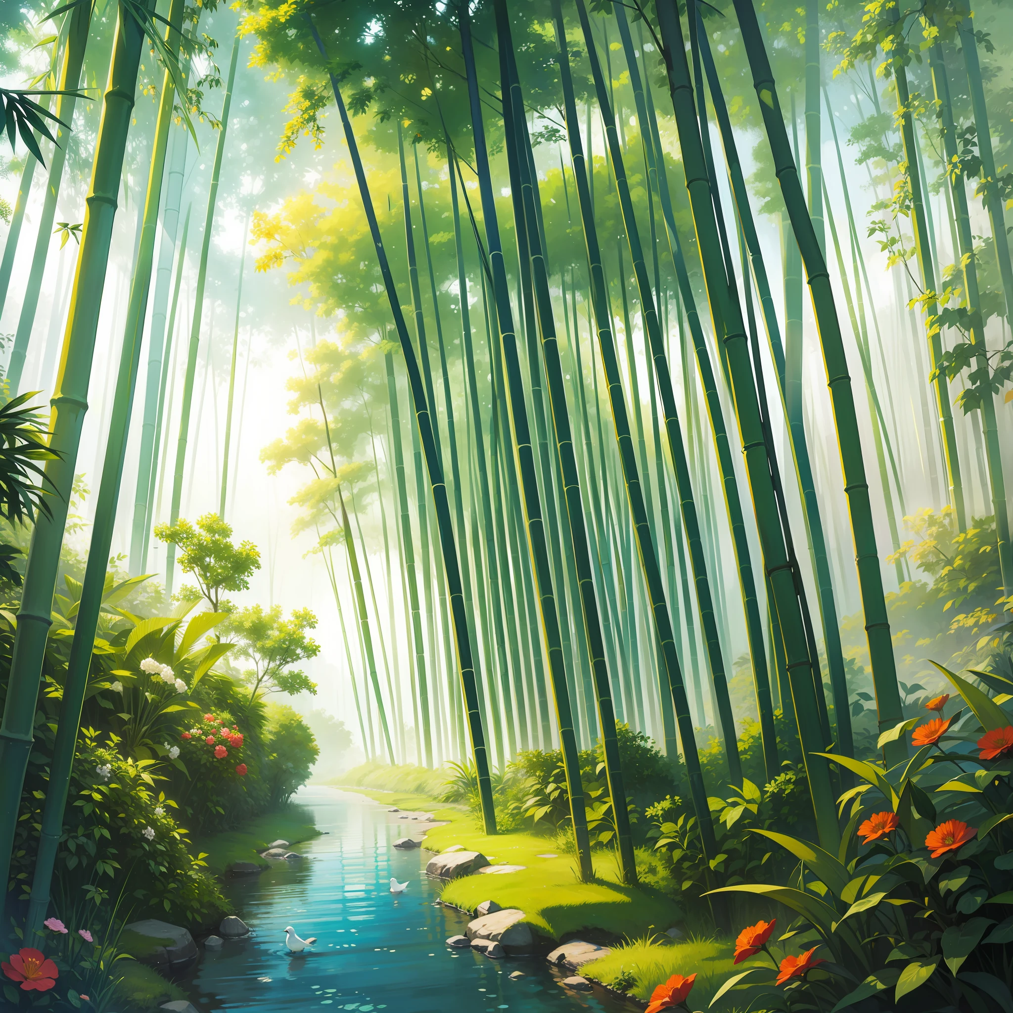 (masterpiece, best quality), bamboo forest, flowers and birds