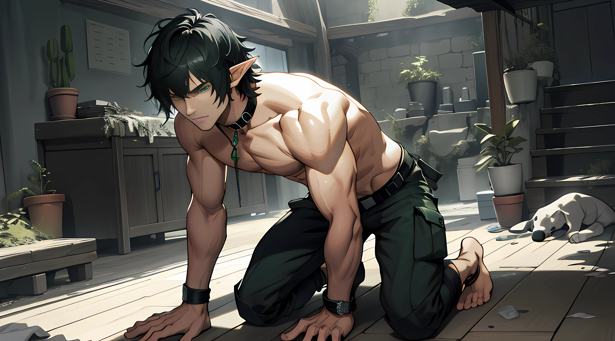 (absurdres, highres, ultra detailed), (1 solo male) 1 male, elf adult, handsome, tall slender guy, narrow eyes, narrow shoulders, finely detailed eyes and detailed face, messy shaggy black hair, side bangs, bangs, green eyes, sexy twink, shirtless, final fantasy 14, dog collar, full body shot, struggle, arm, hands tied behind back, on knees, kneeling on the floor