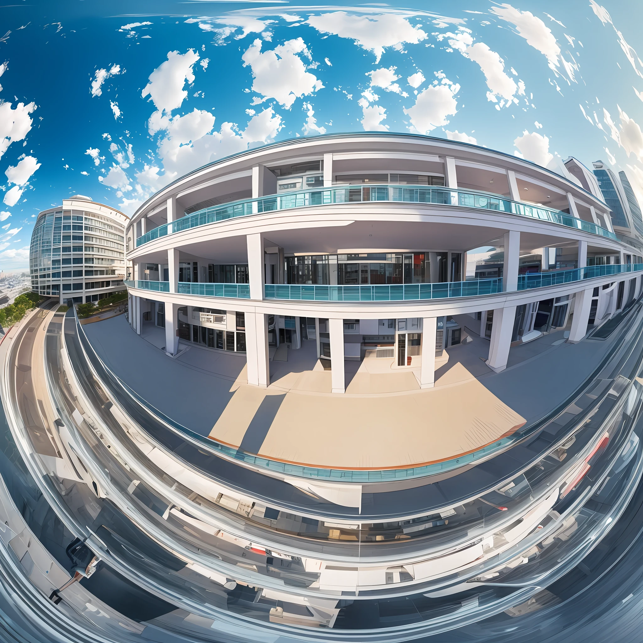 spherical projection, equirectangular shape, futuristic city