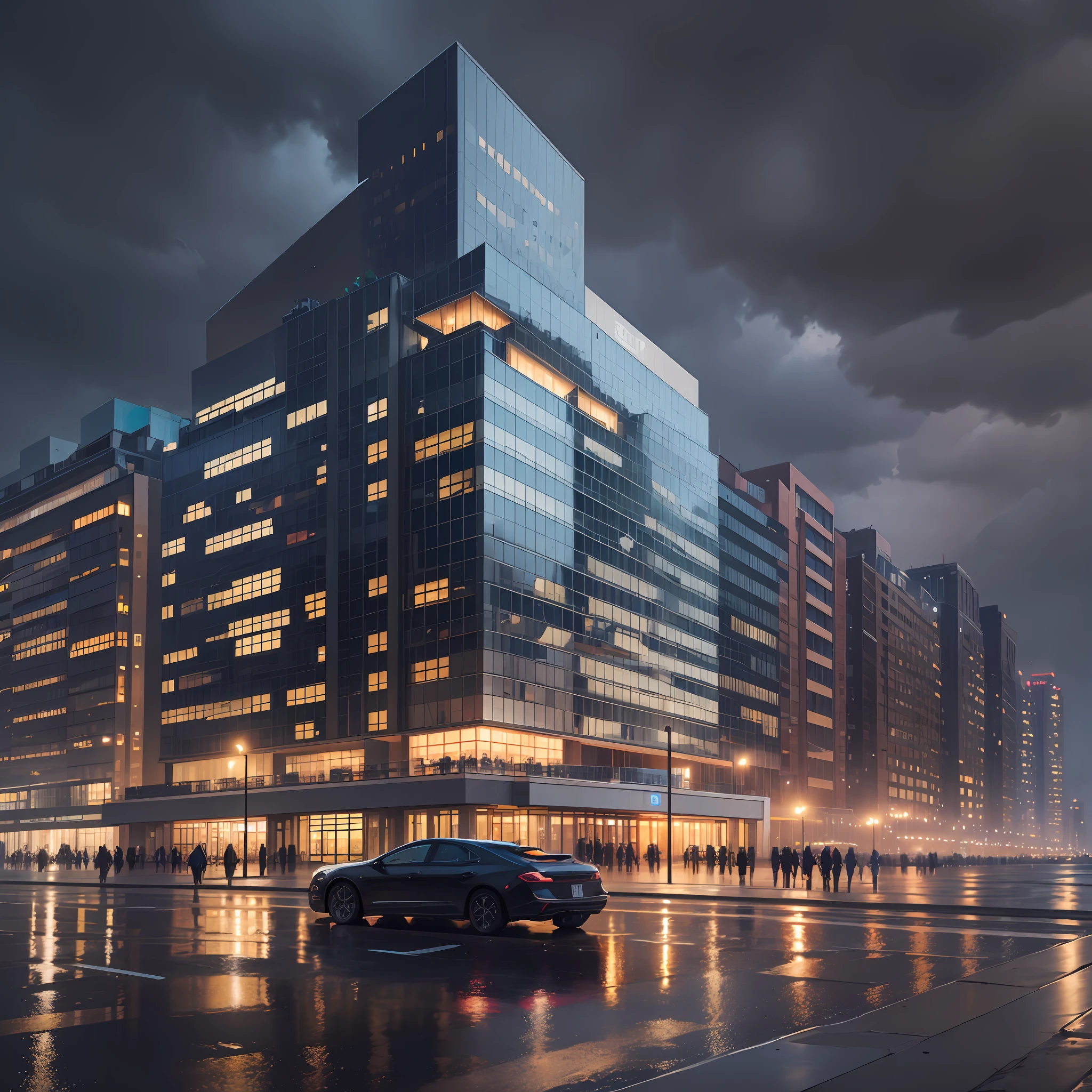I want a 21:9 size hyper-realistic rendering of the outdoor building at night To show the grandeur of the building, the building needs to have curtain walls and lights, the building is on the beach, the weather is rainy, and the pedestrians and vehicles on the road need umbrellas --auto --s2