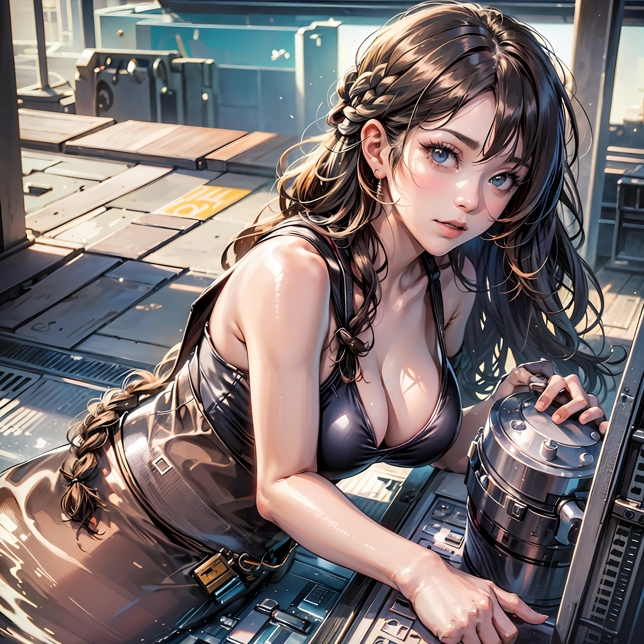 Evening: 1.7), Japan, Tokyo, swimming pool, wearing a swimsuit, looking at the camera, bare_shoulders, collarbone, sleeveless, Grey_dress, brown_eyes, brown_hair, braids, 1 girl, 20 years old, mature female, beautiful fingers, beautiful long legs, beautiful body, beautiful nose, beautiful character design, perfect eyes, perfect face, gaze up, NSFW, official art, extremely detailed CG Unity 8k wallpaper, perfect lighting, colorful, Bright_Front_face_Lighting, (masterpiece:1.0), (best_quality:1.0), ultra high resolution, 4K, super detail, photography, 8K, HDR, high resolution, absurd:1.2, kodak portella 400, film grain, background blur, bokeh:1.2, lens flare, (vibrant_color:1.2) (beautiful, large_Breasts:1.4), (beautiful_face:1.5),(narrow_waist), --auto --s2