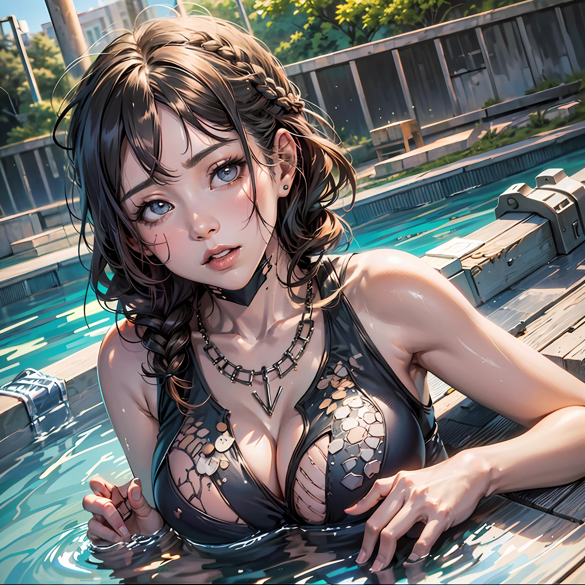 Evening: 1.7), Japan, Tokyo, swimming pool, wearing a swimsuit, looking at the camera, bare_shoulders, collarbone, sleeveless, Grey_dress, brown_eyes, brown_hair, braids, 1 girl, 20 years old, mature female, beautiful fingers, beautiful long legs, beautiful body, beautiful nose, beautiful character design, perfect eyes, perfect face, gaze up, NSFW, official art, extremely detailed CG Unity 8k wallpaper, perfect lighting, colorful, Bright_Front_face_Lighting, (masterpiece:1.0), (best_quality:1.0), ultra high resolution, 4K, super detail, photography, 8K, HDR, high resolution, absurd:1.2, kodak portella 400, film grain, background blur, bokeh:1.2, lens flare, (vibrant_color:1.2) (beautiful, large_Breasts:1.4), (beautiful_face:1.5),(narrow_waist), --auto --s2