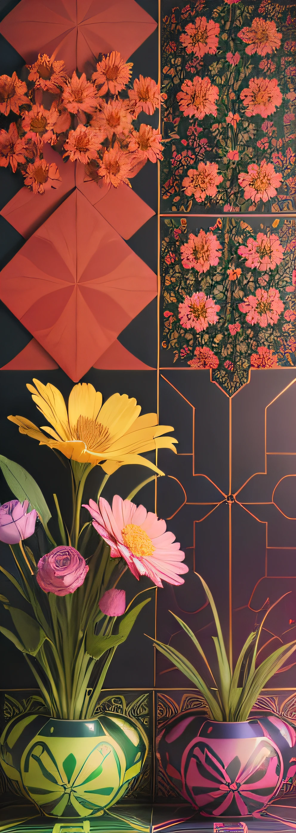 3D flower patterns, --ar 3:2, --tile , equirectangular 360, Highres, (art by Willi Baumeister: 1.1), (art by John T. Biggers: 1.2)::17 , official art, continuous paper 8k unit, ultra detailed, aesthetic, masterpiece, best quality, photorealistic, ((only front face)) Tiger in the Middle , Flowers Behind --auto --s2