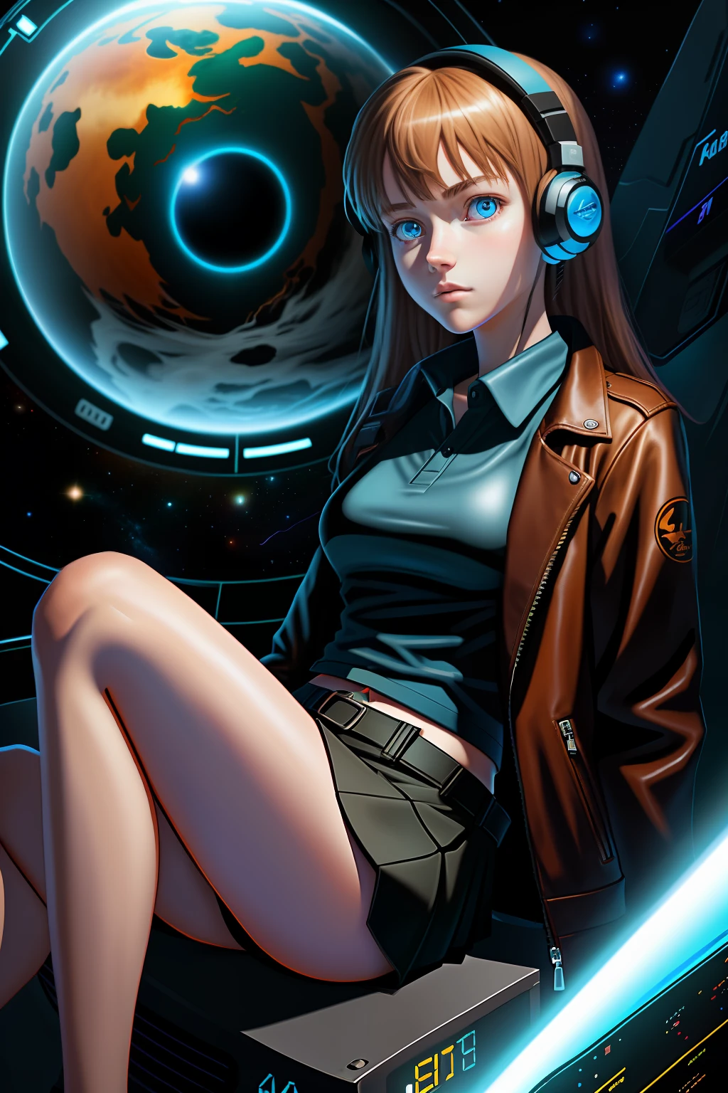 realistic anime style digital art of an 18 year old girl, bright light blue eyes, light brown hair, black skirt, bare legs, black polo shirt, brown leather jacket, looking up, 120 degree angle, using gamer headset, space scenery, floating in space, various other details, 16k ultra HD vivid colors masterpiece ultra cinematic resolution