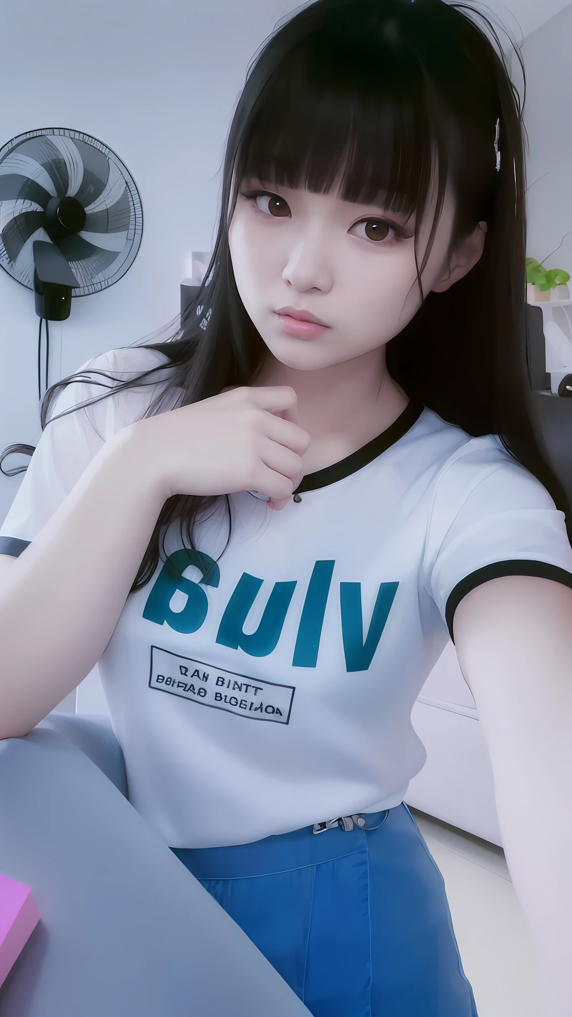 arafed asian woman with long black hair wearing a white shirt, reluvy5213, vivy, ruan cute vtuber, very low quality, very very low quality, ulzzang, smooth white tight clothes suit, 2263539546], dilraba dilmurat, girl cute-fine-face