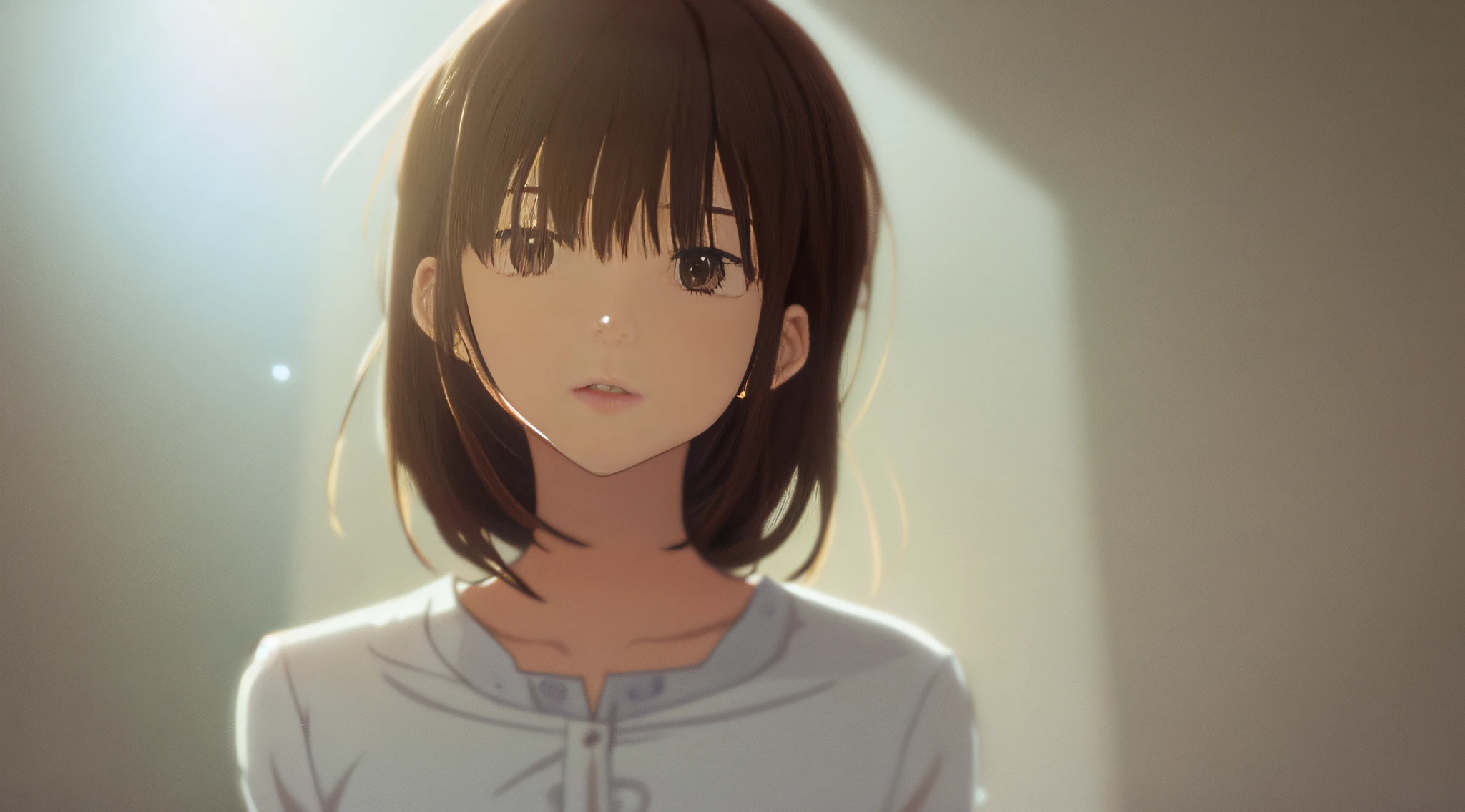 Detailed and precise illustrations in anime style. Very cute young woman, short brown hair, wearing a white shirt. Perfect round gray eyes, looking up to the heavens, eyes wide open, fantastic background full of foggy light, fantastic lighting, backlit, Makoto Shinkai anime style