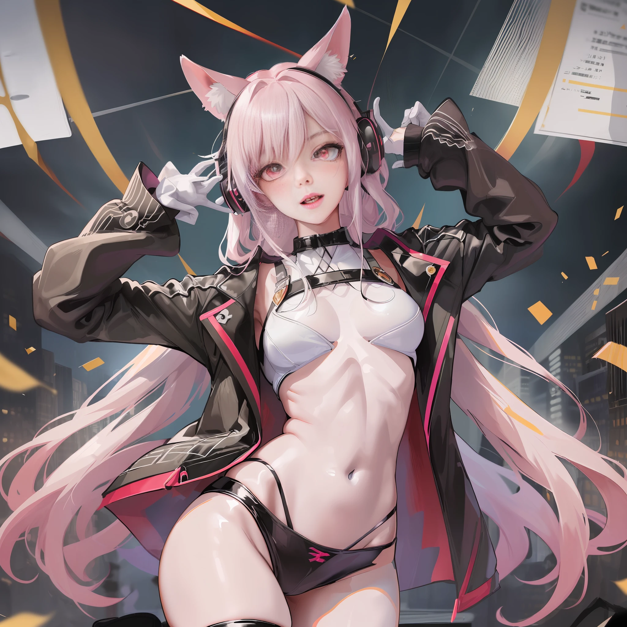 (RAW Photo, Best Quality, Masterpiece: 1.2), (Realistic, Photo Realistic: 1.4), (Masterpiece: 1.4), (Best Quality: 1.4), 1 Girl, Solo, :d, Animal Ear Headphones, Animal Ears, Arms Up, Bangs, Blush, Tights, Breasts, Rabbit Pose, Clothes Writing, Covering Belly Pollar, Denim Shot, Crop Jacket, Fake Animal Ears, Gloves, Outdoor, Morning, Snow, Hair Intake, Headphones, Impossible Tights, Impossible Clothes, Jacket, Room, Latex , latex tights, long hair, long sleeves, looking at the audience, room, multicolored gloves, open mouth, pink tights, pink eyes, red eyes, red jacket, shiny clothes, shrugged\(clothes\), sideburns, skin tightness, smile, thigh gaps, thighs, double tails, very long hair, white gloves, white hair, alice \ (nikke\), (shiny skin), reality,