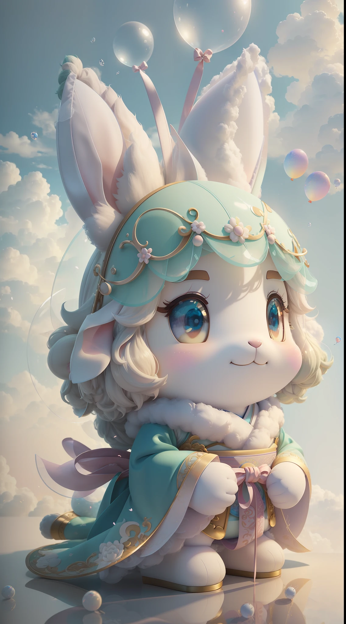 Rabbit, big ears, happy smile, (wearing Hanfu) fluffy, fluffy hair, soft ((best quality)), ((masterpiece)), (hair accessory)( extreme detail, highest detail, official art, beauty and aesthetics:1.2), depth of field, composition ( (whole body) ), (chibi), (beautiful and detailed eyes: 1.3), (very happy:1) (light mint green and gradient white), popmart blind box, clay texture, (transparent balloon, cloud decorative background), natural light, best quality, Super Detail, 3D Art, C4D, Blender, OC Renderer, 3D Rendering, 8K --auto --s2