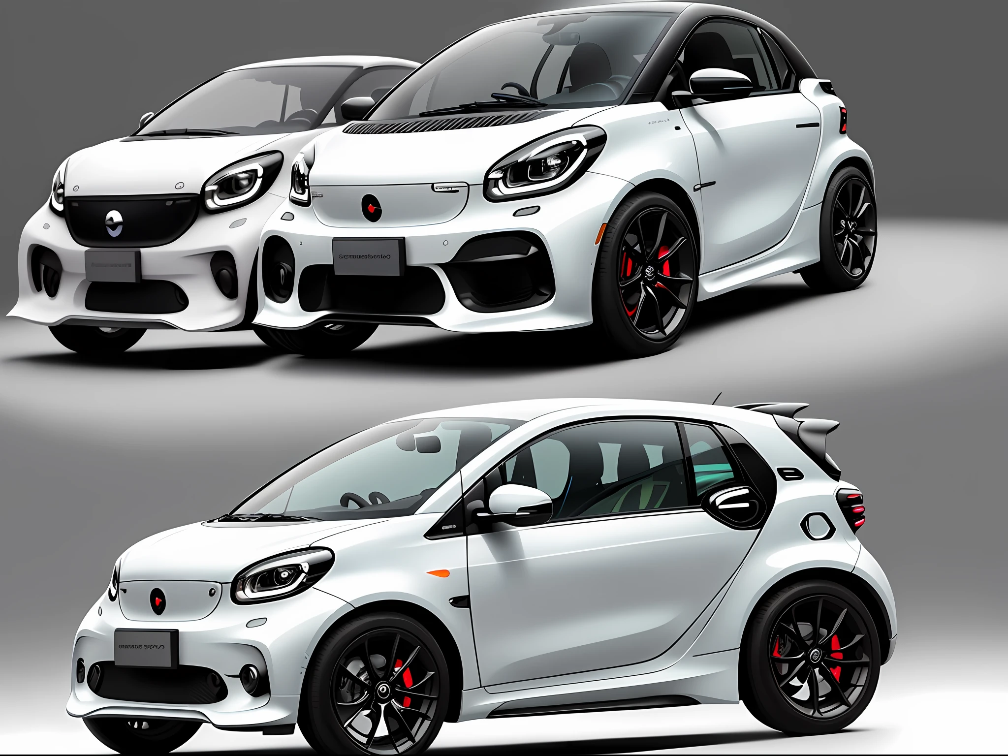 SMART concept car design, to be produced in 2035. Simple, rounded headlights with a sense of advanced technology. A cute and rounded model, ready to come out. The body is simple and stylish, and the details are detailed. Photos require the highest quality, the best light and shadow, and the best posture. Ask for the best lighting and reflections.