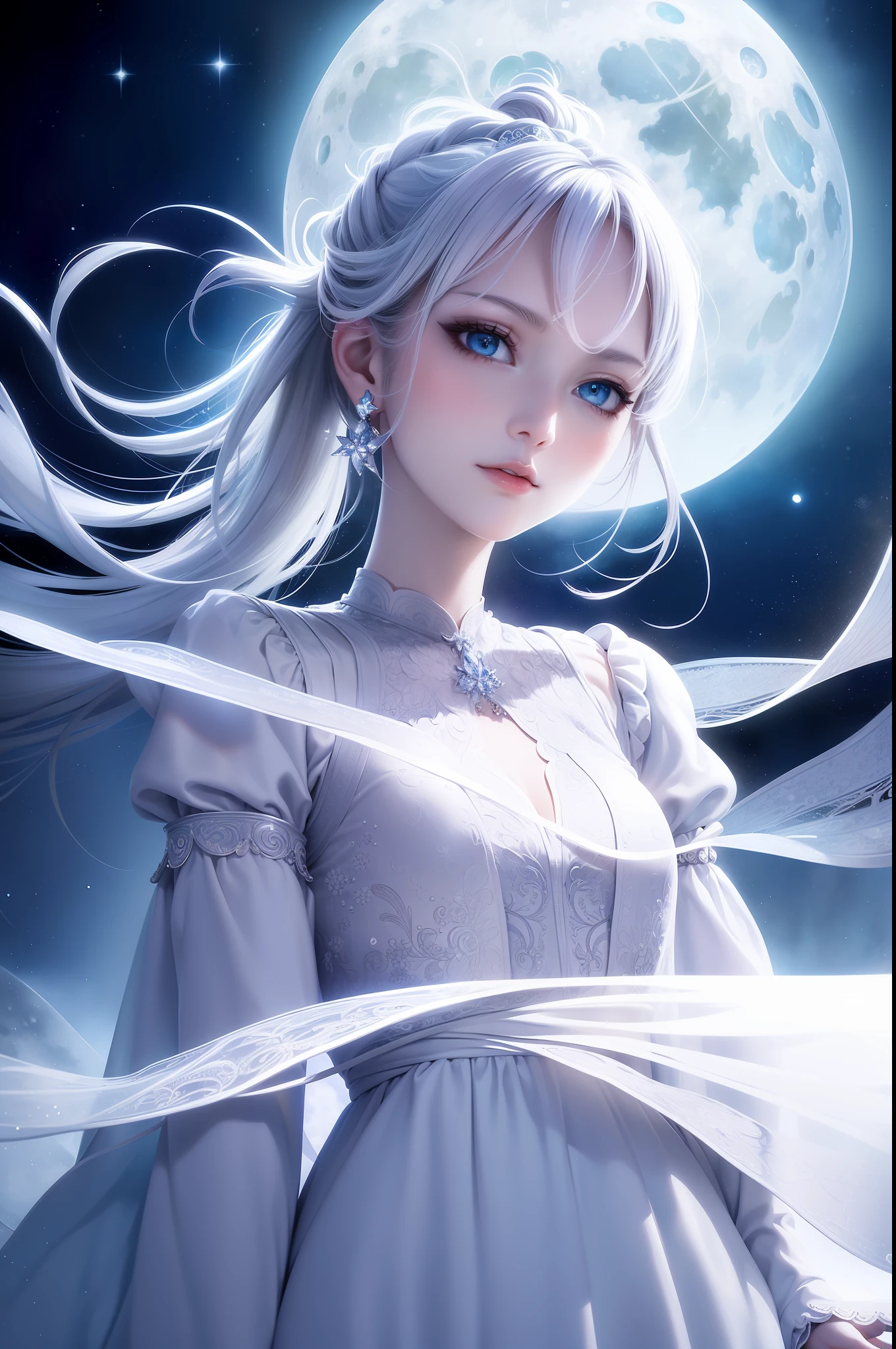 masterpiece, (best quality:1.2), (ultra-detailed:1.2), illustration, (an extremely delicate and beautiful:1.2),cinematic angle,floating, (beautiful detailed eyes:1.1), (detailed light:1.1),cinematic lighting, beautifully detailed sky, women, white hair, blue eyes, (high ponytail:1.1), cloak, glowing eyes, (moon:1.2), (moonlight:1.1), starry sky, (lighting particle:1.1), fog, snow painting, sketch, bloom