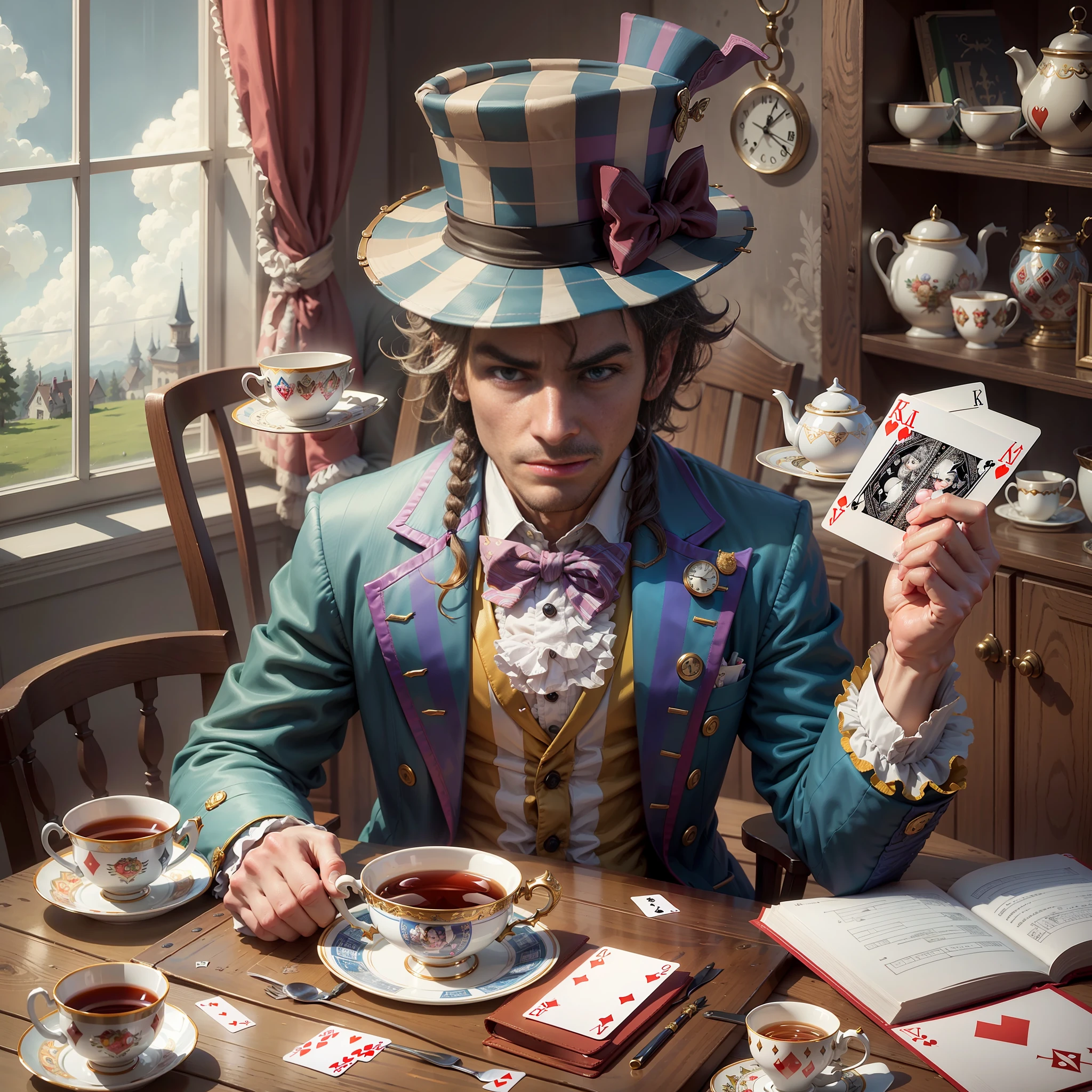 Produce an amusing image of a character inspired by the Mad Hatter, wearing a jacket adorned with playing cards and a hat with a teacup perched precariously on top --auto --s2