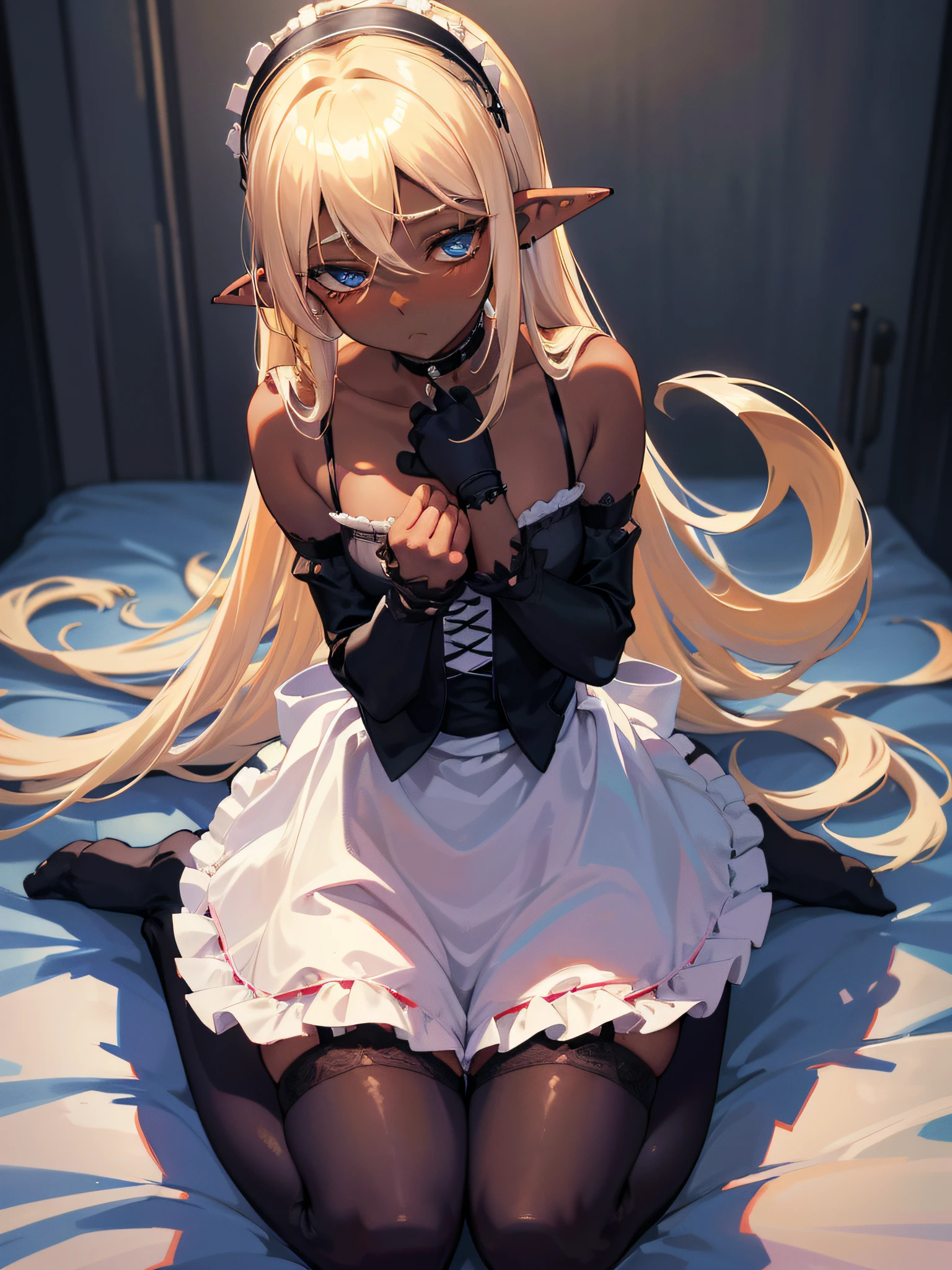 Bright indoors, stunningly beautiful girl, petite and seductive blue eyes, blonde, blush eyeshadow, dark eyelashes, (flat chest), shallow depth of field, blonde hair, (dark skin, black panties ,erotic look), looking at the camera, on a big bed, ((kneeling below, hair over one yey, focus thighs)), half-closed eyes,dark elf, ridiculous long hair,((edwardian maid)), headband, apron dress, pierced ears, long skirt, choker, blue eyes, detailed eyes, long bangs, very long side hair, super delicate, (best quality, very detailed: 1.25), petite girls, girls, black shorts, black tights,garter belt, knee highs,