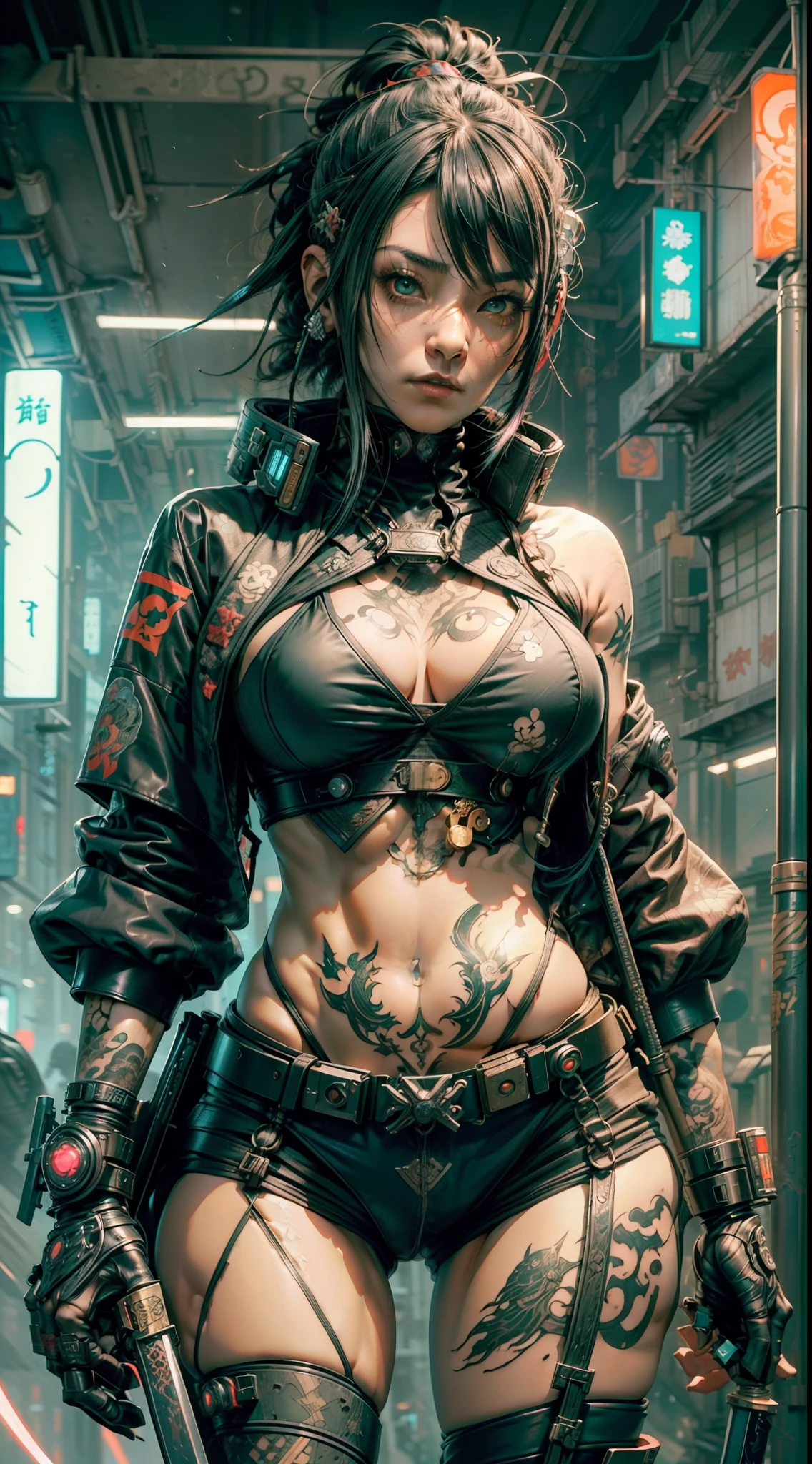 arafed woman with a tattoo on her chest and a pair of swords, cyberpunk art inspired by Kanō Hōgai, trending on cgsociety, neo-dada, cyberpunk streetwear, very beautiful cyberpunk samurai, wearing cyberpunk streetwear, cyberpunk samurai, cyberpunk street goon, wearing japanese techwear, cyberpunk clothes, cyberpunk fashion clothing, cyberpunk fashion, urban samurai
