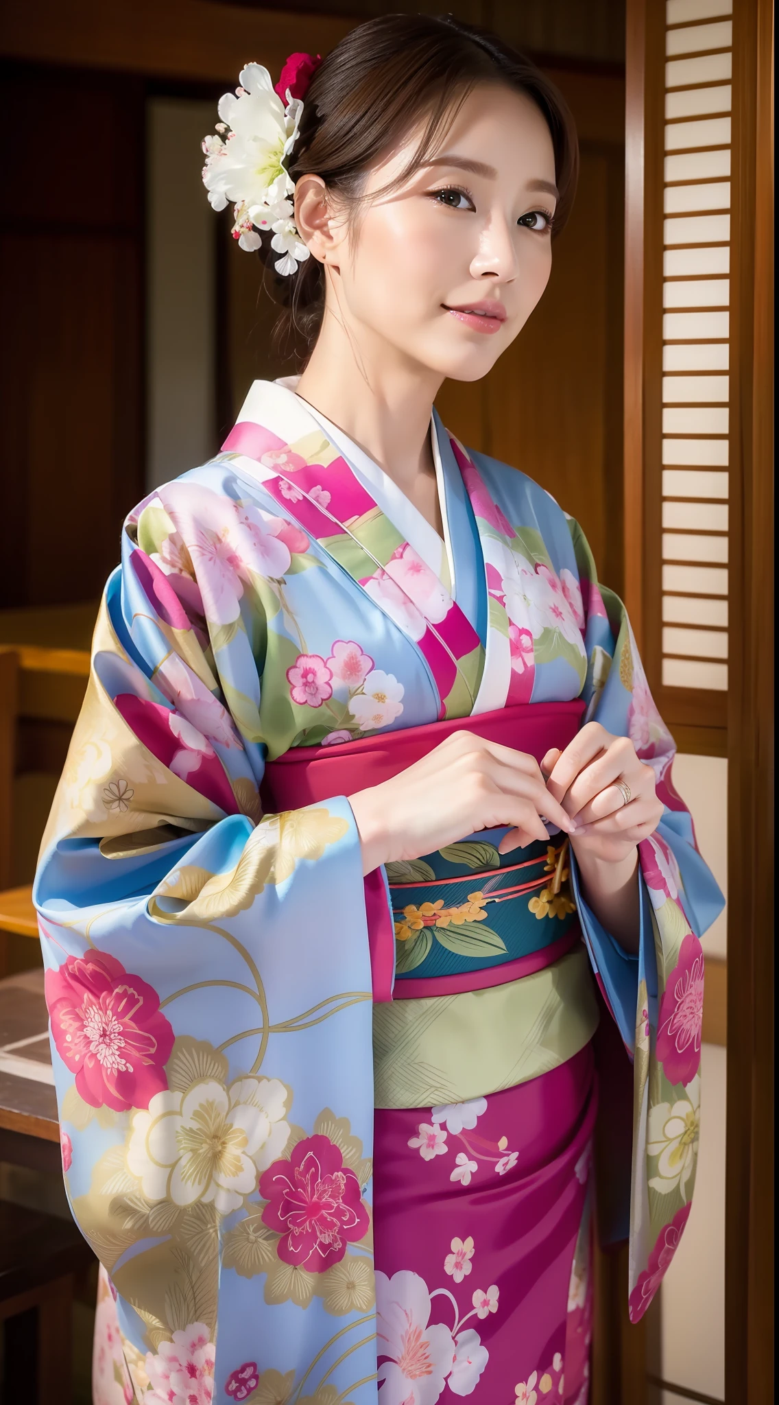 Masterpiece, (Photorealistic: 1.4), top quality, kimono, women, 40 years old