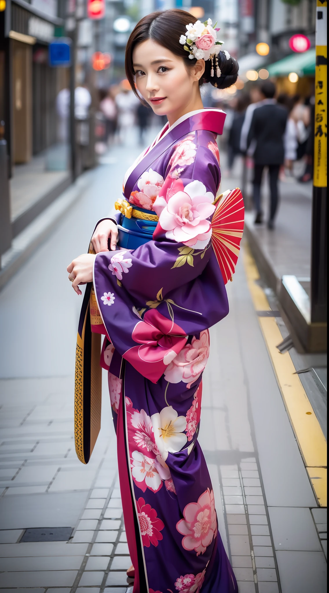 Masterpiece, (Photorealistic: 1.4), top quality, kimono, woman, 30 years old, Shibuya