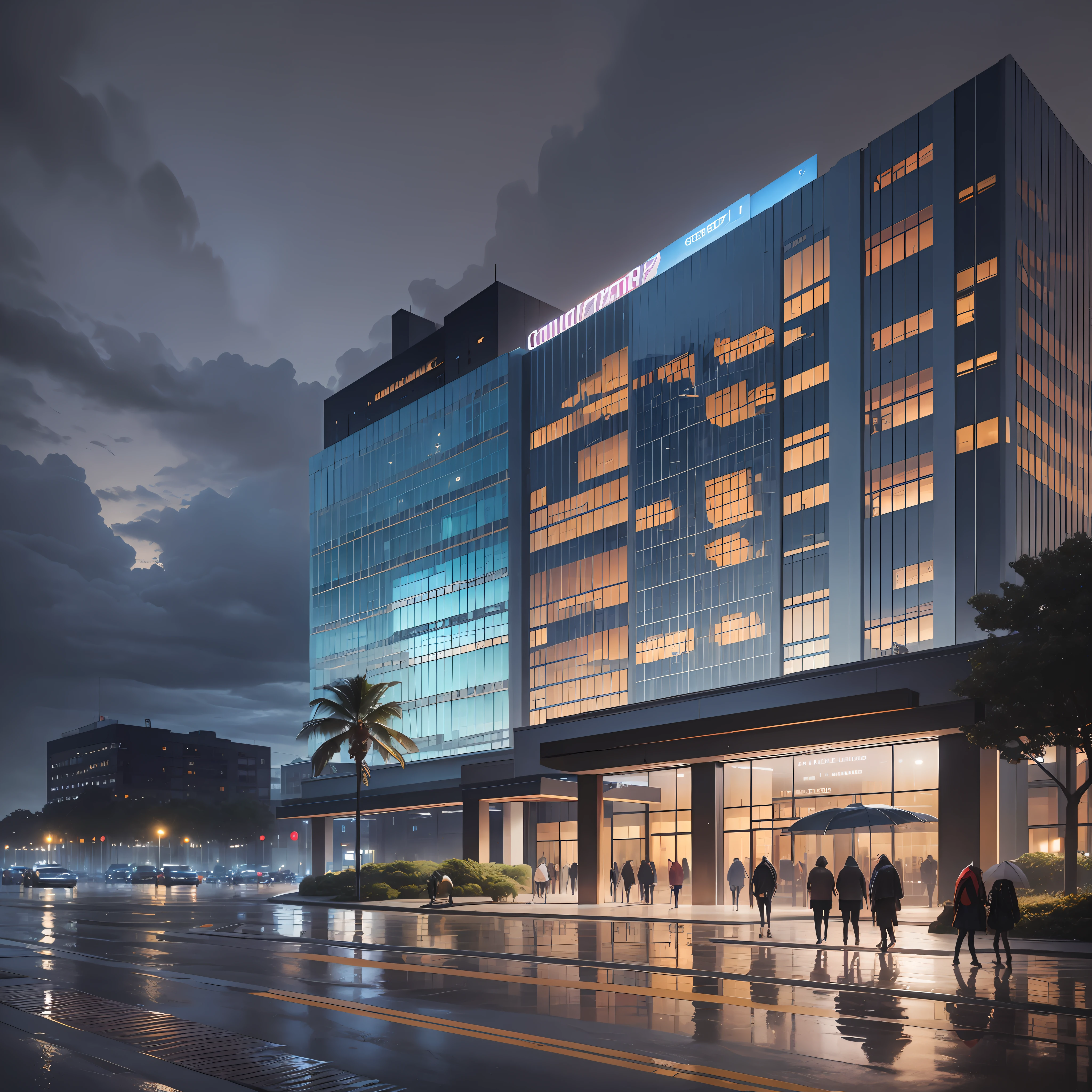 I want a 21:9 size hyper-realistic rendering of the outdoor building at night To show the grandeur of the building, the building needs to have curtain walls and lights, the building is on the beach, the weather is rainy, and the pedestrians and vehicles on the road need umbrellas --auto --s2