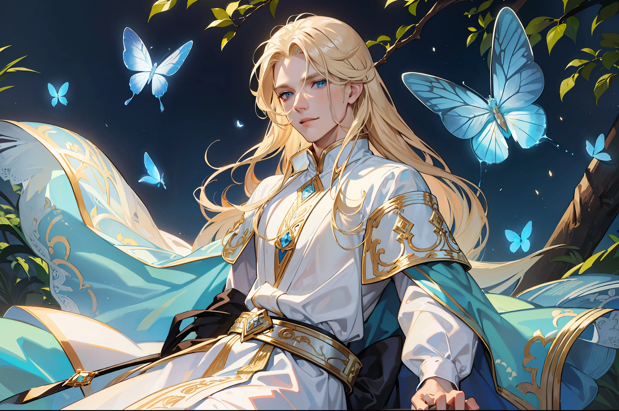 ((Superior quality, portraits, masterpieces, wallpapers 8K: 1.3)), man with long straight ash blond hair (((LONG BLOND HAIR))), blue eyes like diamonds (((BLUE EYES))), (((MALE FOCUS))) ((((CHEERFUL LOOK))) sitting on a tree branch mueto, bioluminescent blue erflies, dark hour, perfect shadows and reflections of the moon on the scene. white tunic, translucent, covered, clear clothing of God, CLOTHING COVERING HIS SKIN, TULLE TUNIC