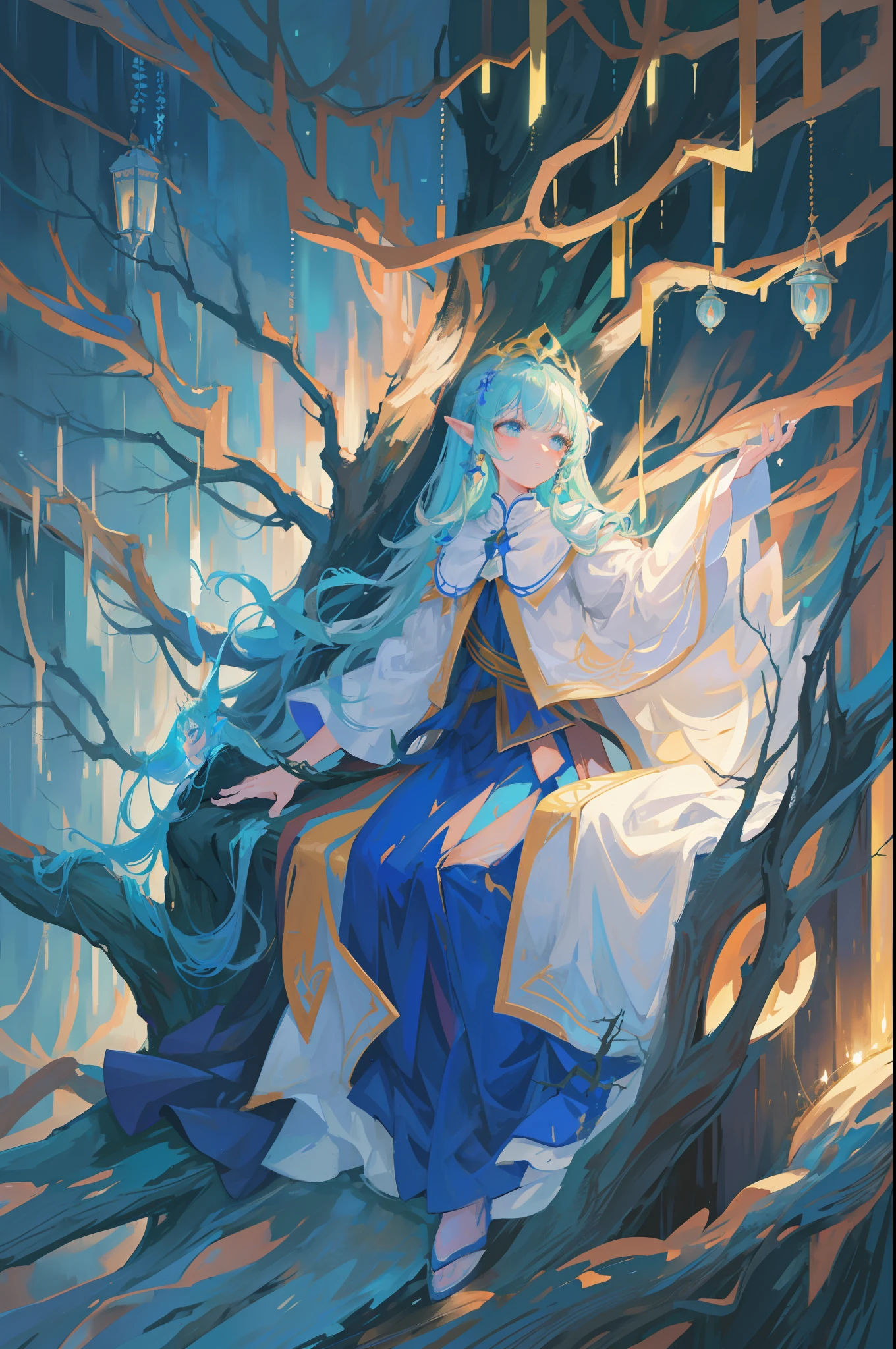 8k best quality masterpiece very detailed wallpapers rain god elf queen forest tall tree skin waist wrapped whole body fairy ribbon cloud sitting on high branches lying down looking down heavy rain night firefly water