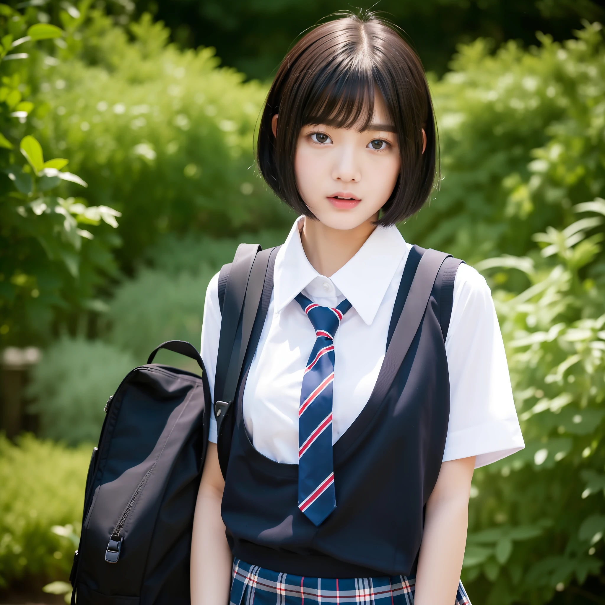 ((Best Quality)), ((Masterpiece)), Cute schoolgirl, short cuts, black hair, looking at the camera, strong expression, clothes are school summer clothes, season is summer, school, dusk, youth, portrait of only one person