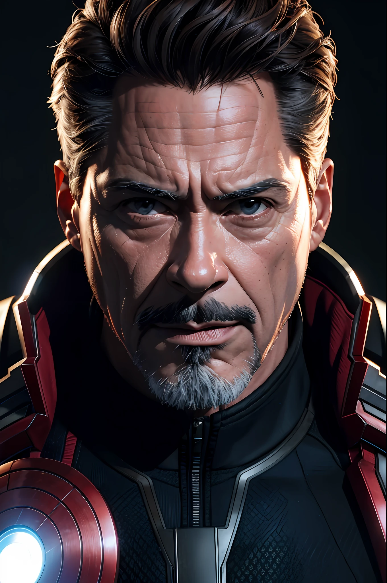 Marvel, Old man Tony Stark, realistically, dynamic lights, old, gray stubble, full shoot, (extremely detailed CG unity 8k wallpaper), trending on ArtStation, trending on CGSociety, High Detail, Sharp focus, dramatic, photorealistic