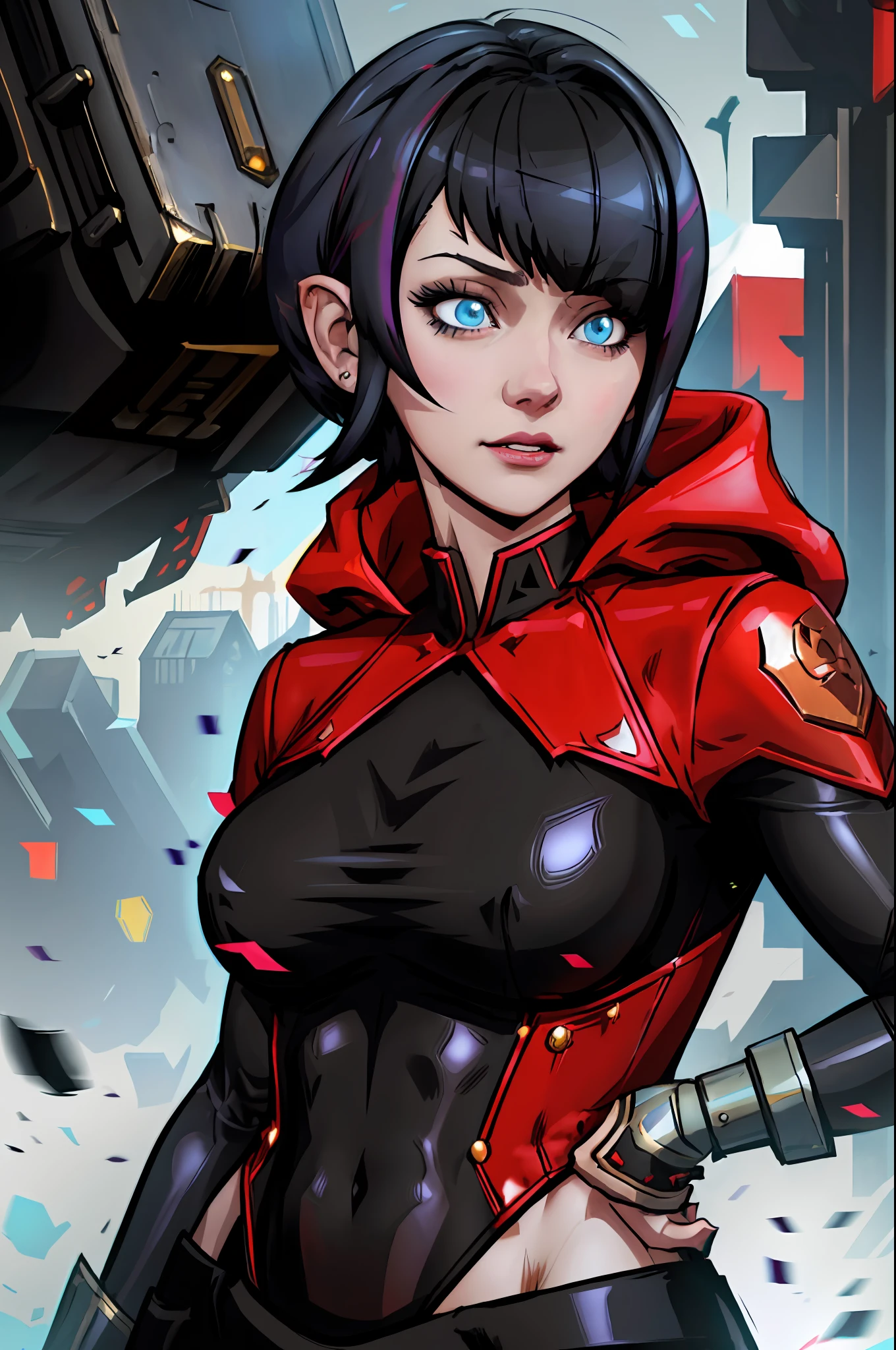 A closeup of a woman, concept art, character content art,1girl, highres, sharp focus, pixiv masterpiece, ((intricate details)), highly detailed,exquisite fanart highly detailed, commission for high resolution, one eye, detailed eyes,blue eyes, pale skin, fair skin, short black hair, cyberpunk hair, muscular female body!, pointed ear, vampire, costume: military, red coat,  Neckline on breasts, Revealing neckline, Joy Ride style, Ilya Kuvshinov,Anime Moe Artstyle, Female anime character, Anime character,