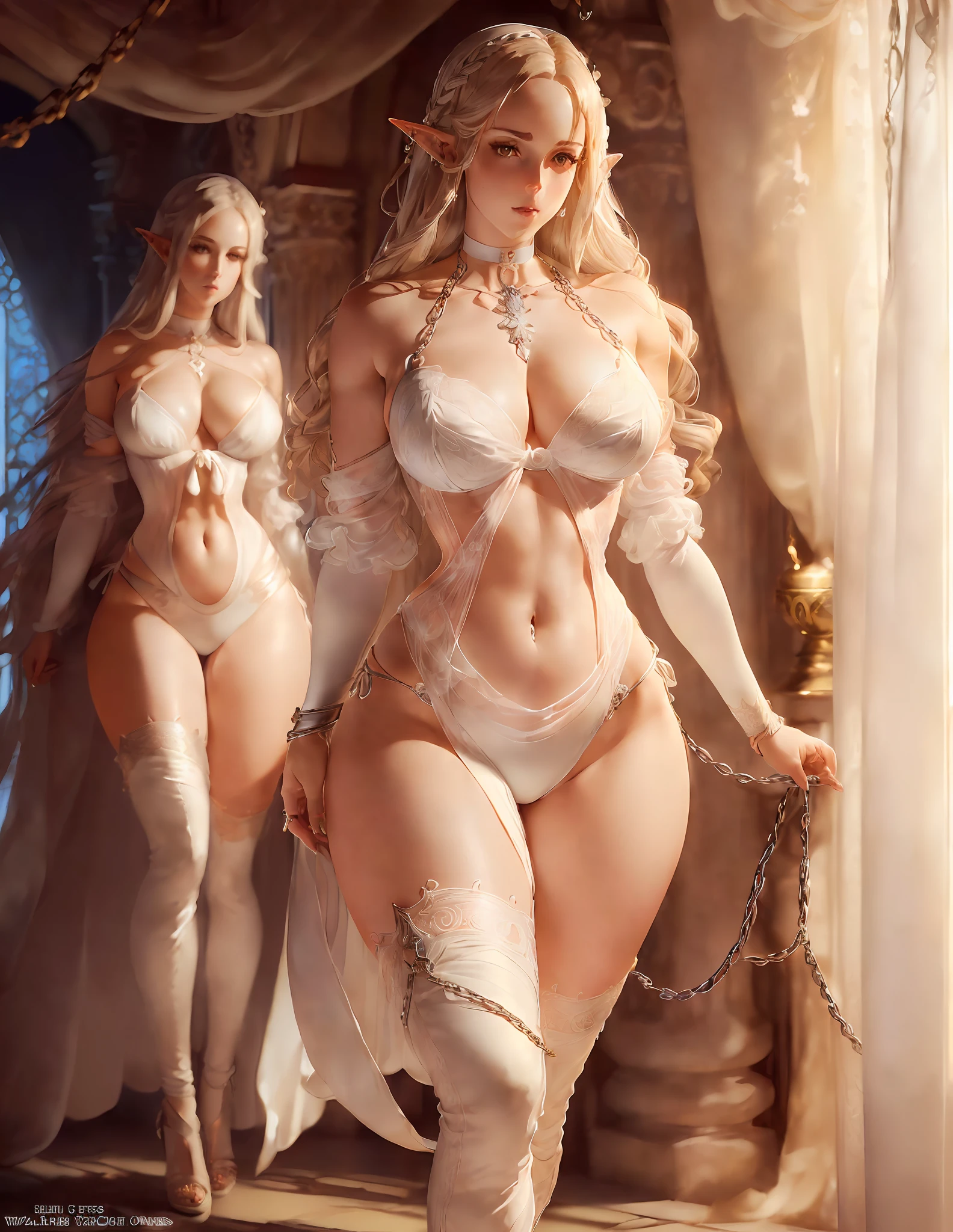 nsfw,((shibari)((arm behind back)),(((fully tied up))((pillory)),(Fidelity: 1.4), marble statue of Venus, goddess of love adorned with silver ornaments, masterpiece, top quality, (perfect face: 1.1) , (high detail: 1.1), dramatic , female triplets, breasts, white hair, blue eyes, elf, cleavage, long hair, curvaceous, sexuality, big, moon, see-through, night, dress, thighs, navel, white dress, laced choker, bare shoulders, wide hips, thick thighs, lips, covered, laced robes, pelvic curtains, laced pelvic curtains, toned pelvis, toned hips, milky hips, navel piercing, body piercing, huge breasts, muscles, Big biceps, thigh muscles, bruised knees, pants down to knees, white heels, white sandals, body piercings, Asuna waist, neck chain, devil's castle, detailed background, art by Artgerm and Greg Rutkowski, movie lighting