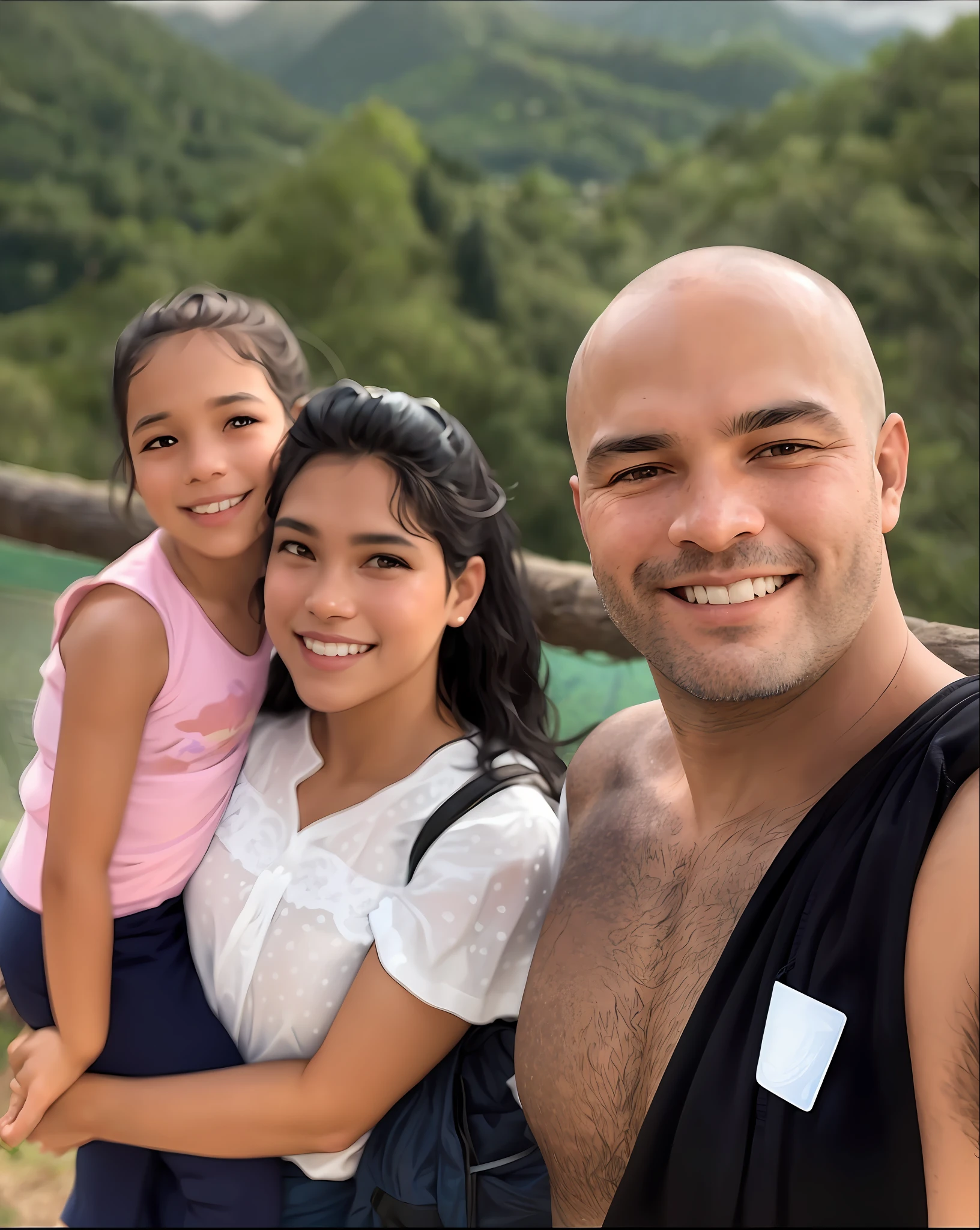 there is a man and two girls posing for a picture, jungles in the background, with mountains as background, with mountains in the background, david rios ferreira, moutain in background, with mountains in background, mountains in the background, in the background is lush jungle, in the mountains, mountain in the background, waterfalls in the background, hills in the background