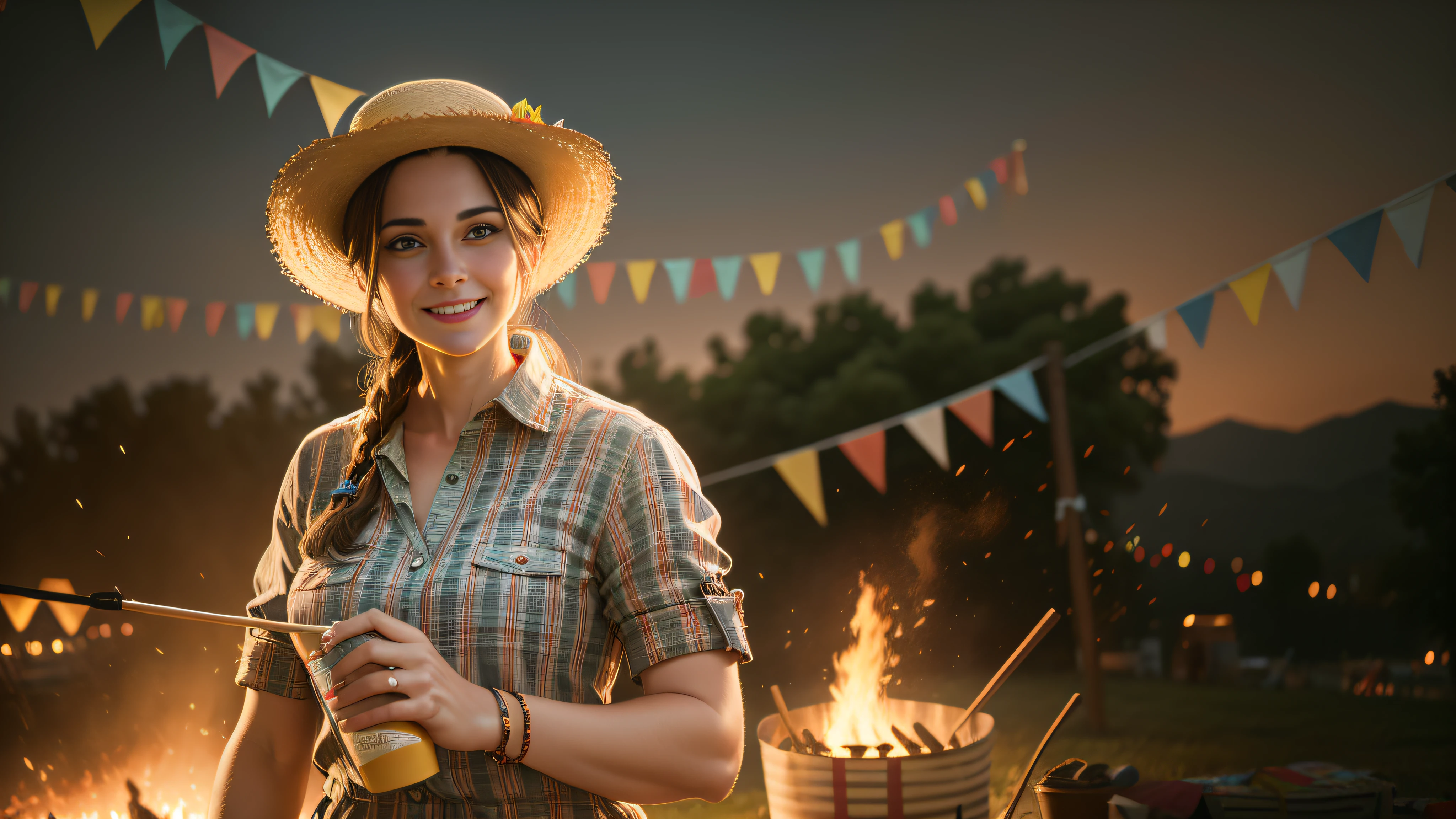 8k, ultra realistic photo, attractive, highly detailed, 35 year old brunette woman smiling, real face, June party, wearing a straw hat and plaid shirt, colorful June party flags, bonfire in the background, cinematic scene, rendering, dramatic lighting, award-winning quality --auto --s2